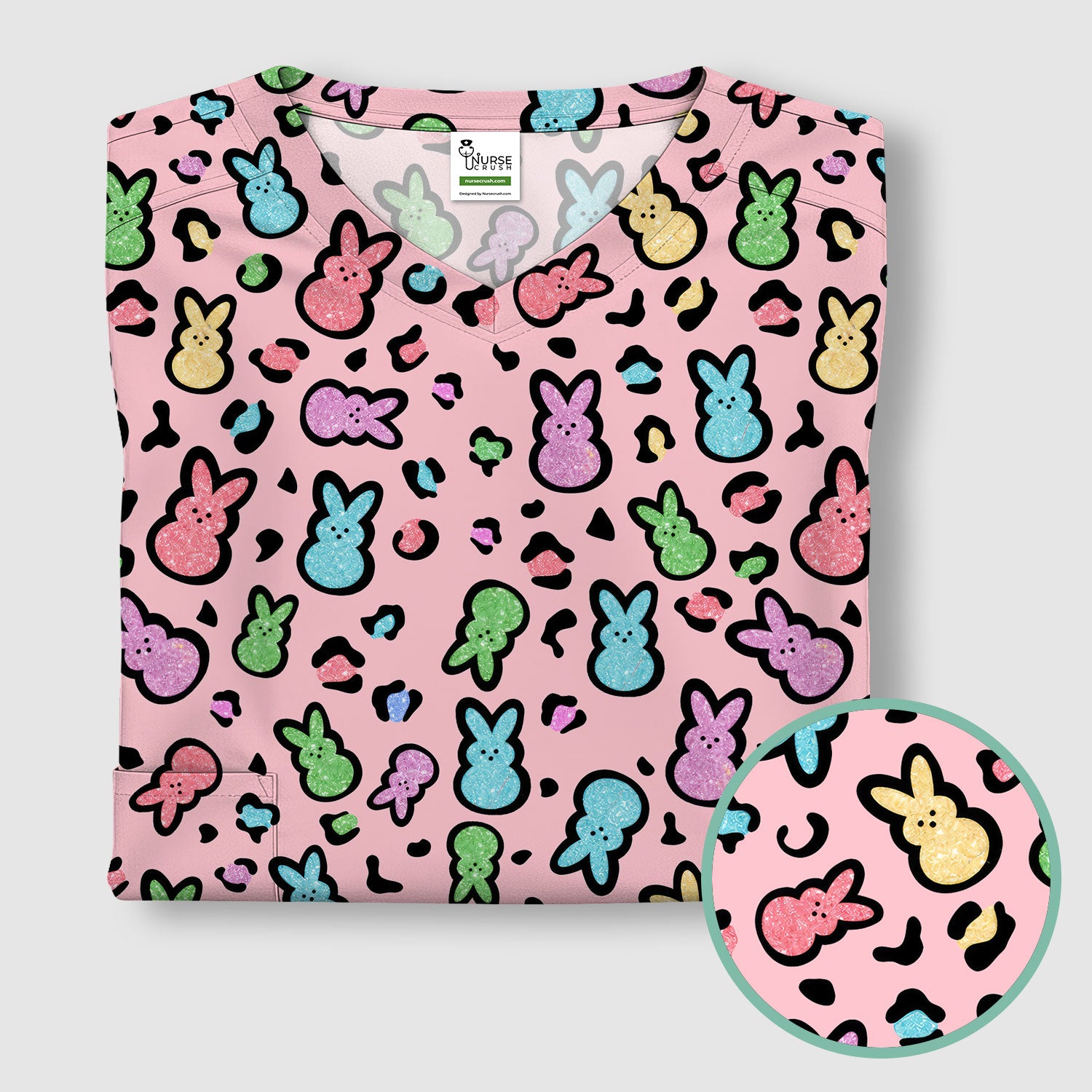 Cute Easter Bunny Pastel Pattern Scrub Top, Comfortable Scrubs for Nurses