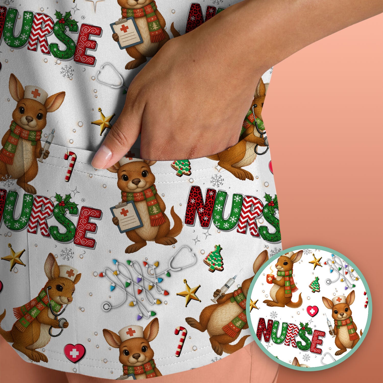 Aussie Kangaroo Christmas Scrub Top - Funny Holiday Nurse Shirt for Women - Cute Animal Medical Uniform