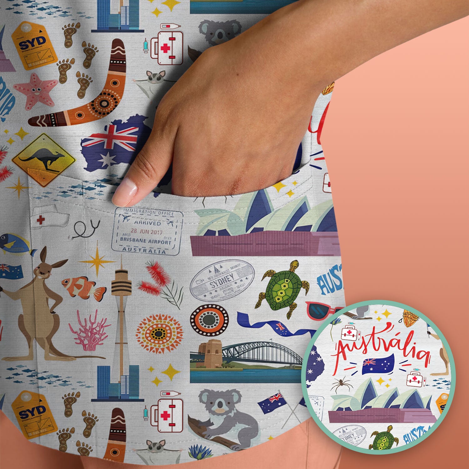 Australia Scrub Top for Women - Aussie Icons with Kangaroo Koala Opera House - Travel Medical Uniform Gift for LPN RN CNA