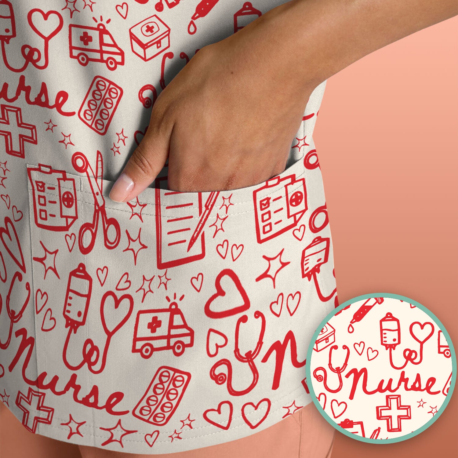 Cute Nurse Heart Medical Pattern Scrub Top, Comfortable Scrubs for Nurses