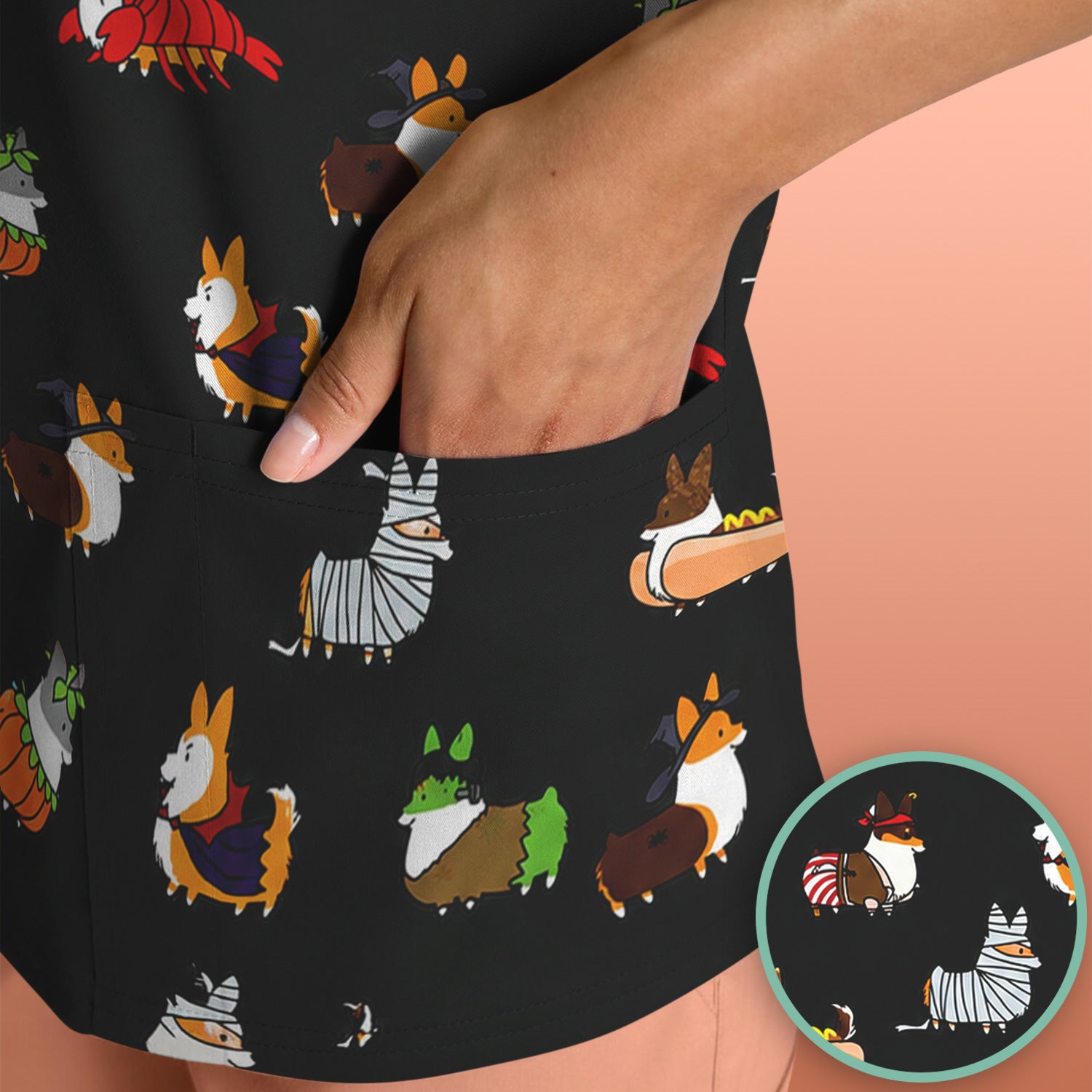 Cute Halloween Costume Corgis Scrub Top, Comfortable Scrubs for Nurses