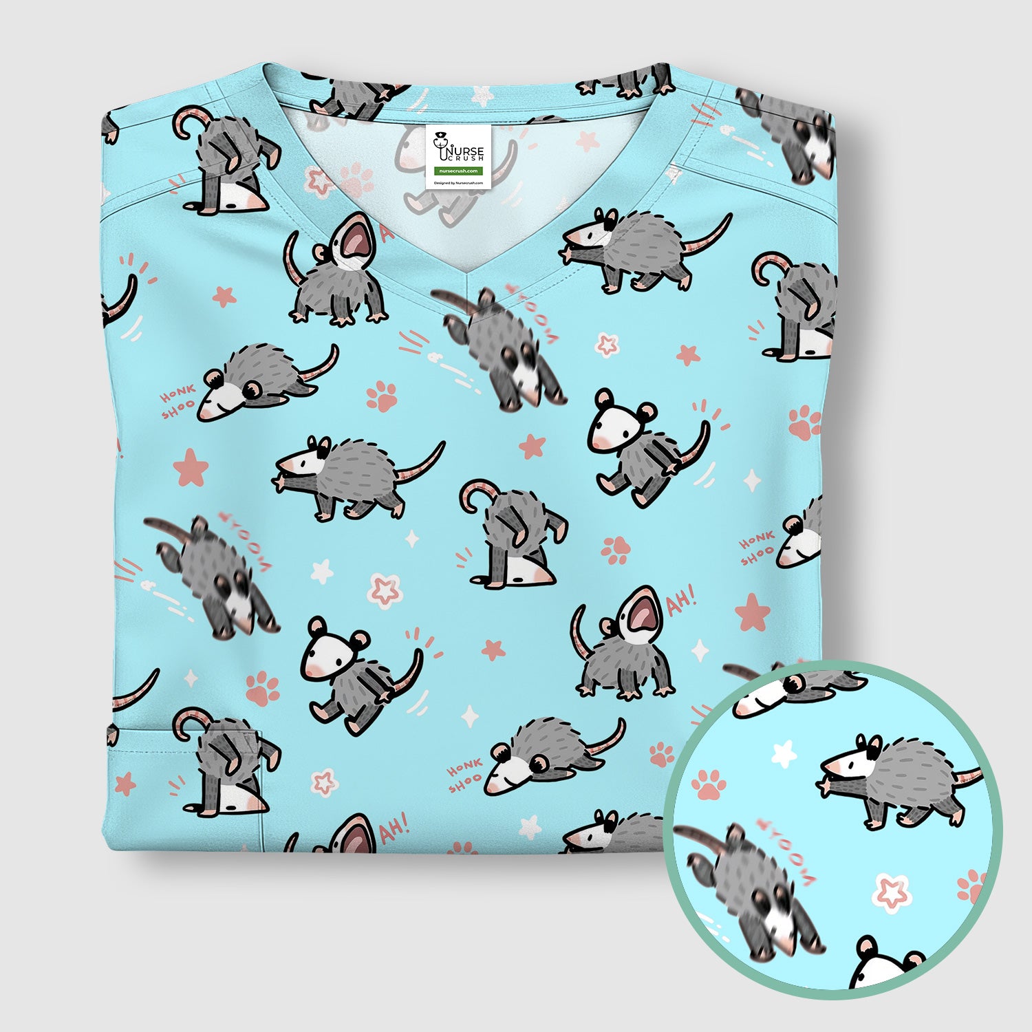 Playful Cartoon Opossum Character Pattern Scrub Top, Breathable Fabrics Nursing Uniform