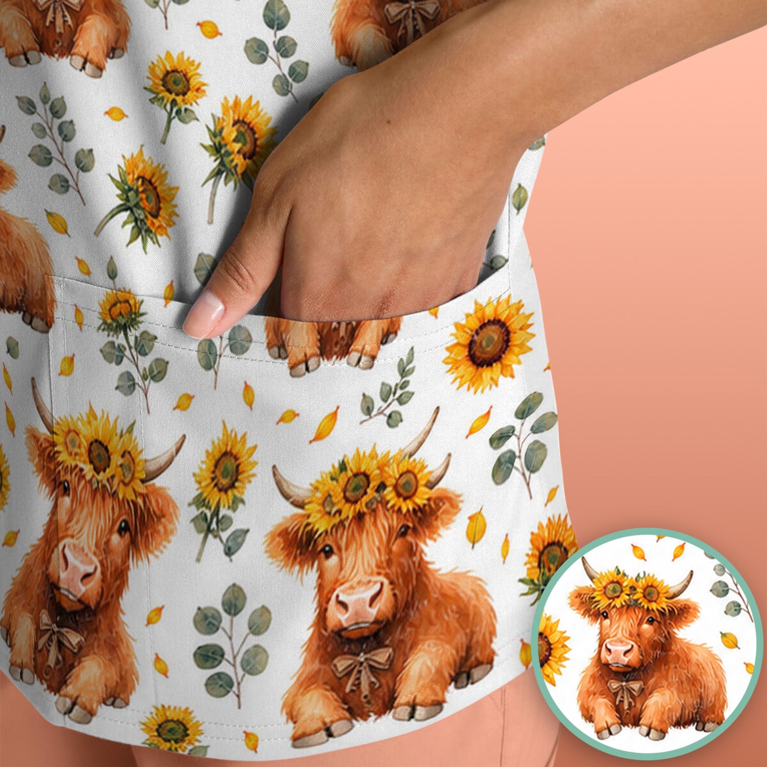 Rustic Highland Cow Floral Pattern Scrub Top, Comfortable Scrubs for Nurses