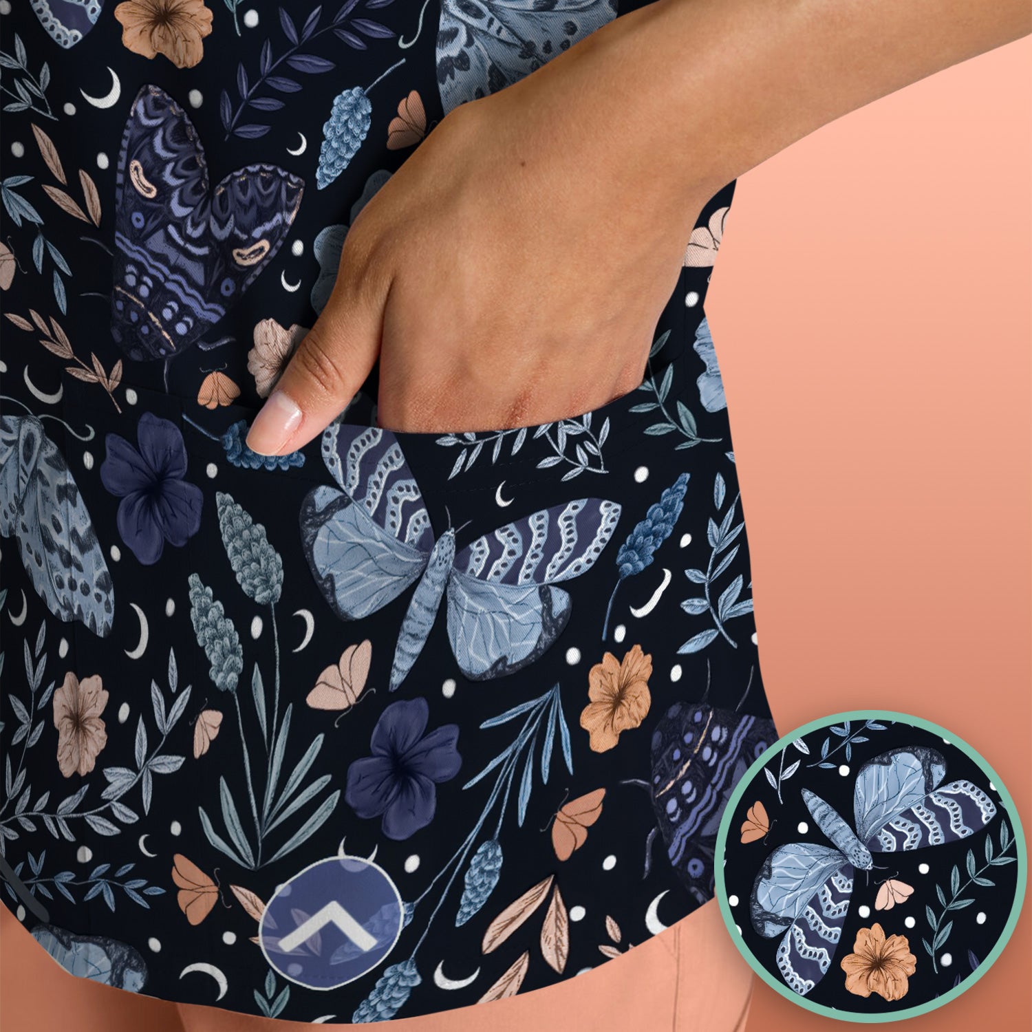 Charming Night Moth Butterfly Floral Pattern Scrub Top, Comfortable Scrubs for Nurses