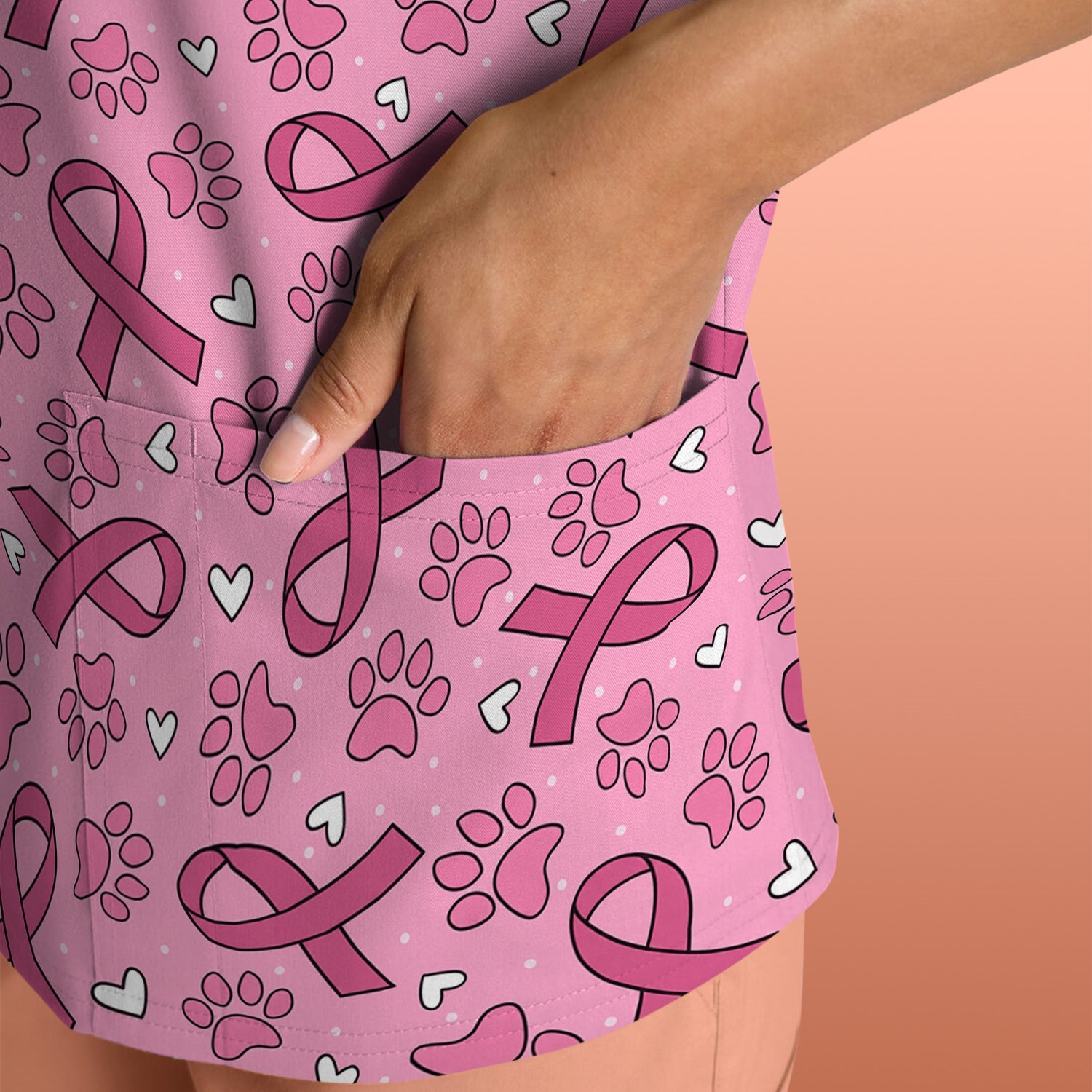 Pink Ribbon Paw Print Scrub Top, Comfortable Scrubs for Nurses