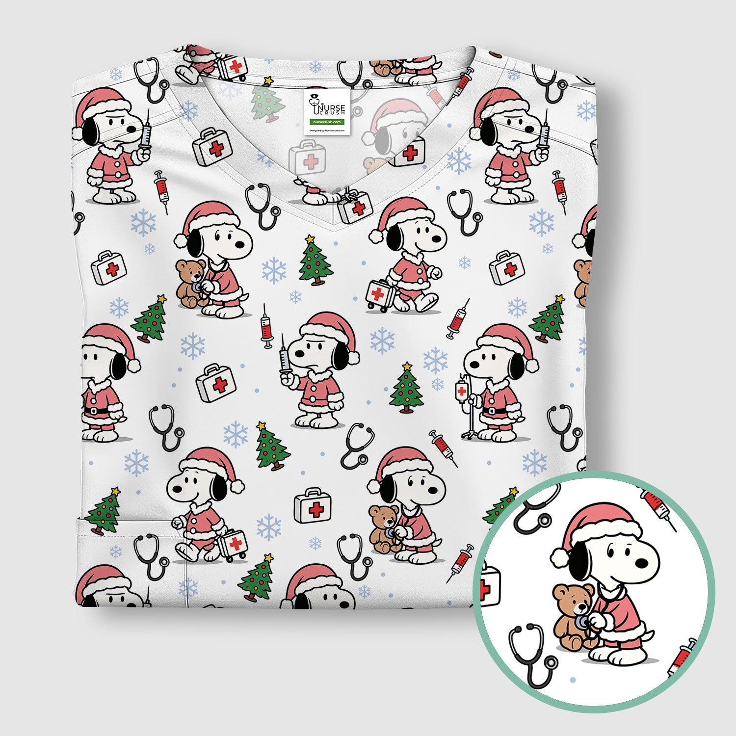 Snoopy Christmas Nurse Scrub Top for Women - Cute Cartoon Holiday Medical Uniform with Pockets - Nursing Gift for RN CNA LPN