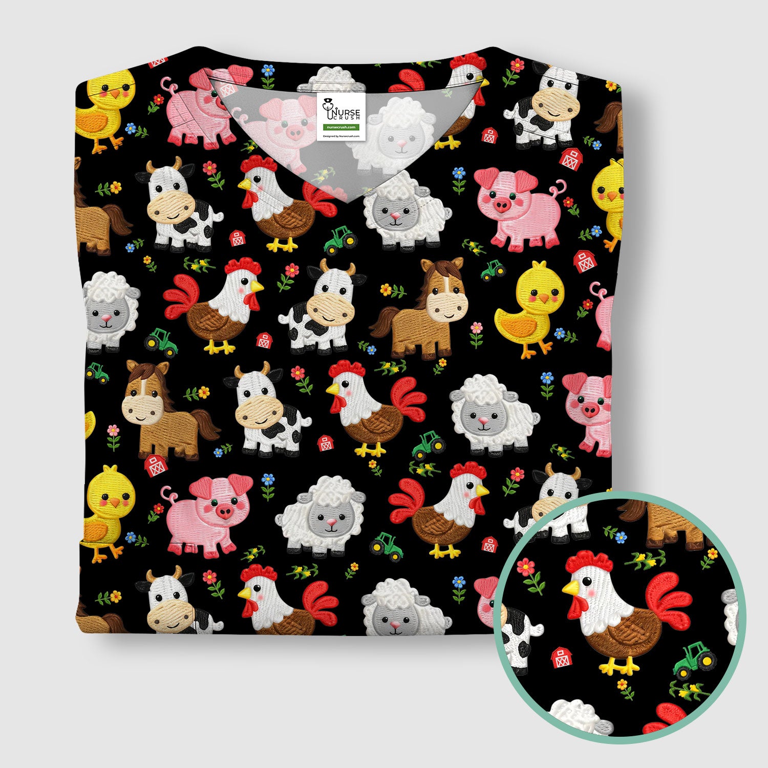 Cartoon Farm Animal Pattern Scrub Top, Breathable Fabrics Nursing Uniform