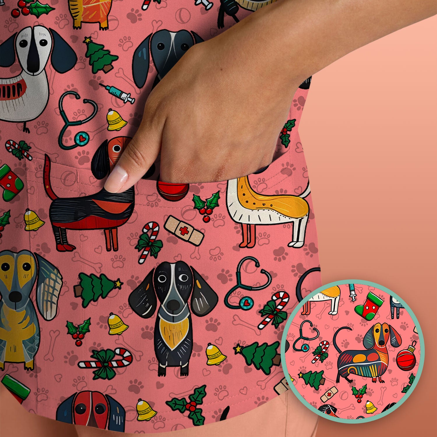 Dachshund Christmas Scrub Top - Cute Wiener Dog Nurse Uniform for Women - Holiday Medical Shirt