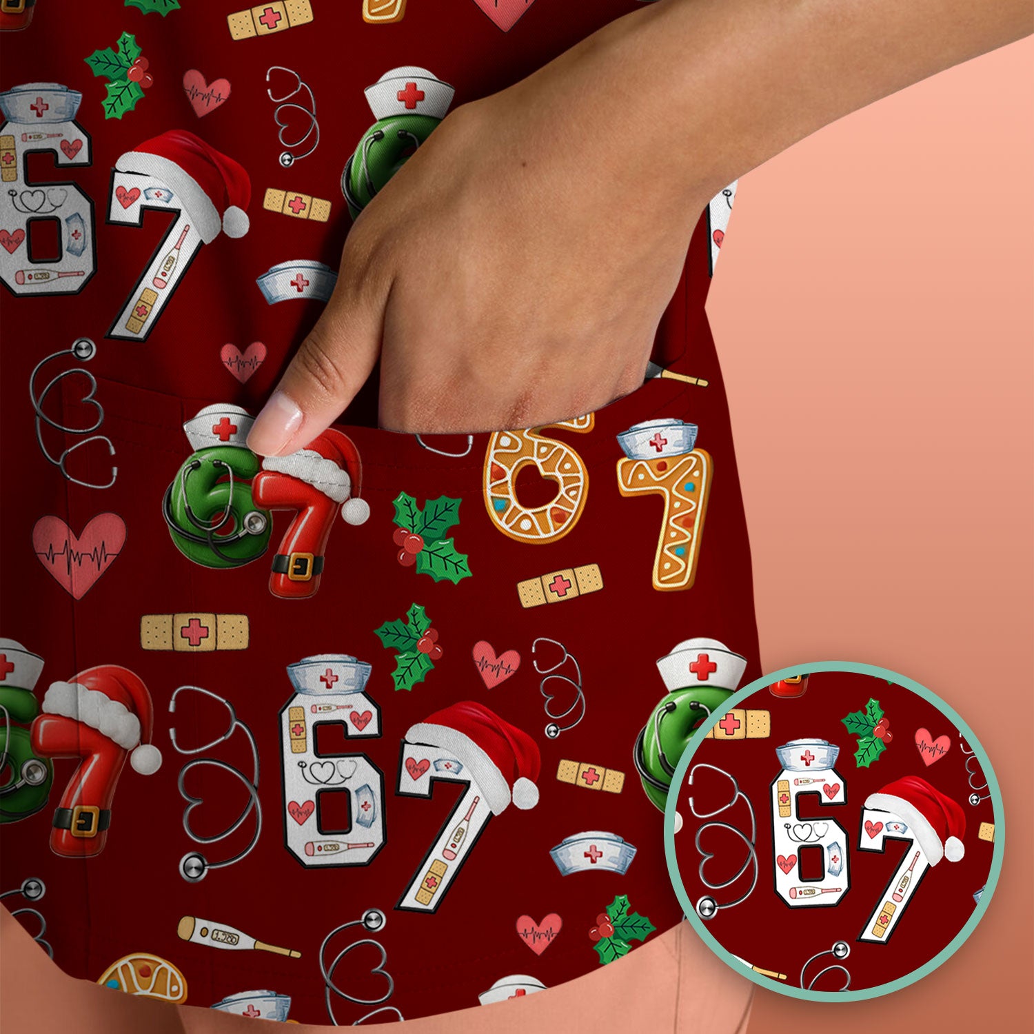Christmas Nurse 67 Pattern Scrub Top, Cute Holiday Medical Shirt With Santa Hat, Uniform For Nursing