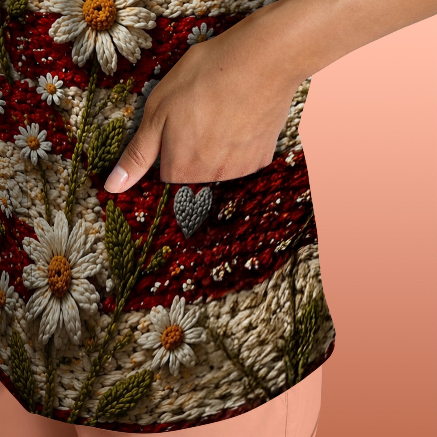 American Flag Daisy Floral Knit Texture Pattern Scrub Top, Breathable Fabrics Nursing Uniform