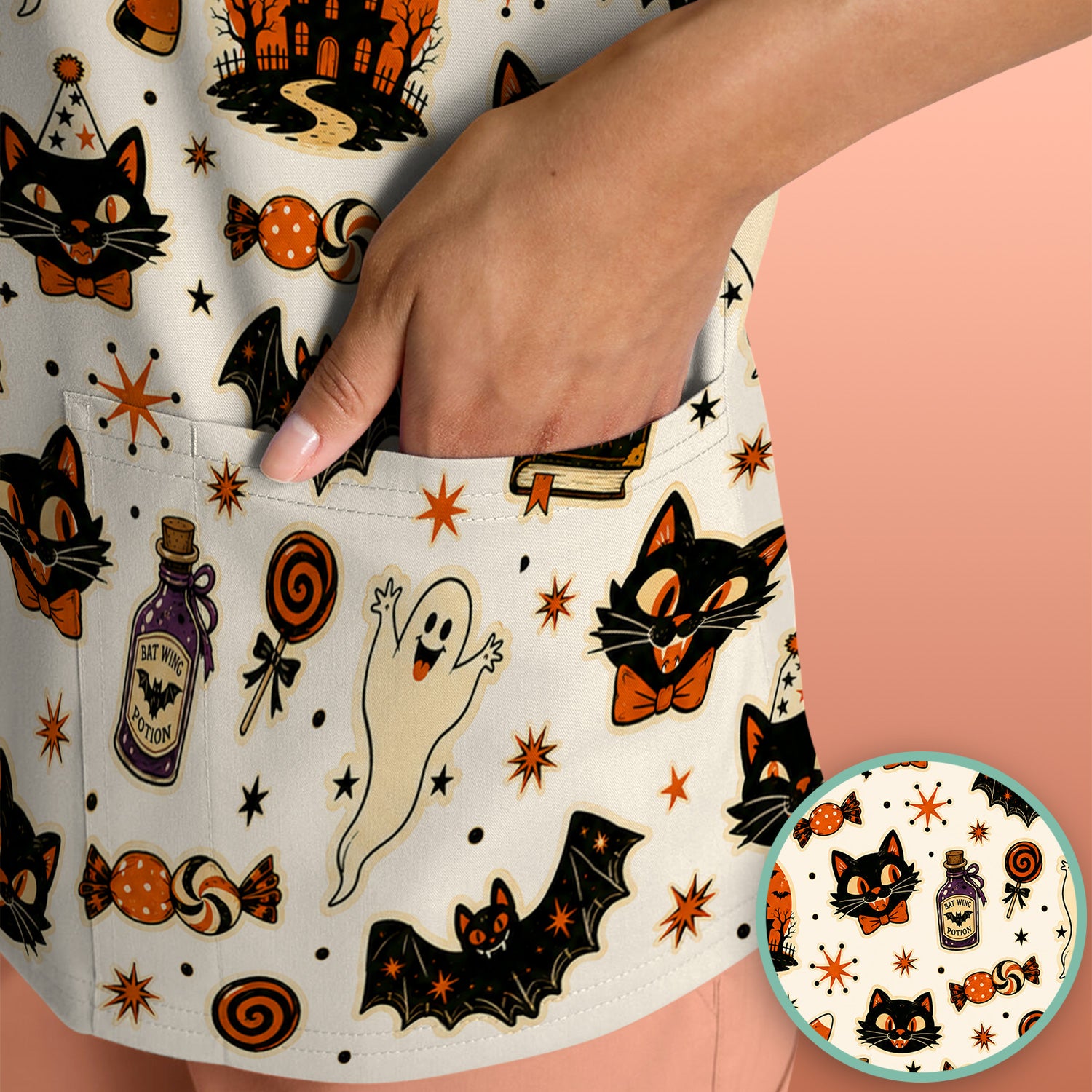 Halloween Black Cat with Ghost Candy Print Scrub Top, Comfortable Scrubs for Nurses