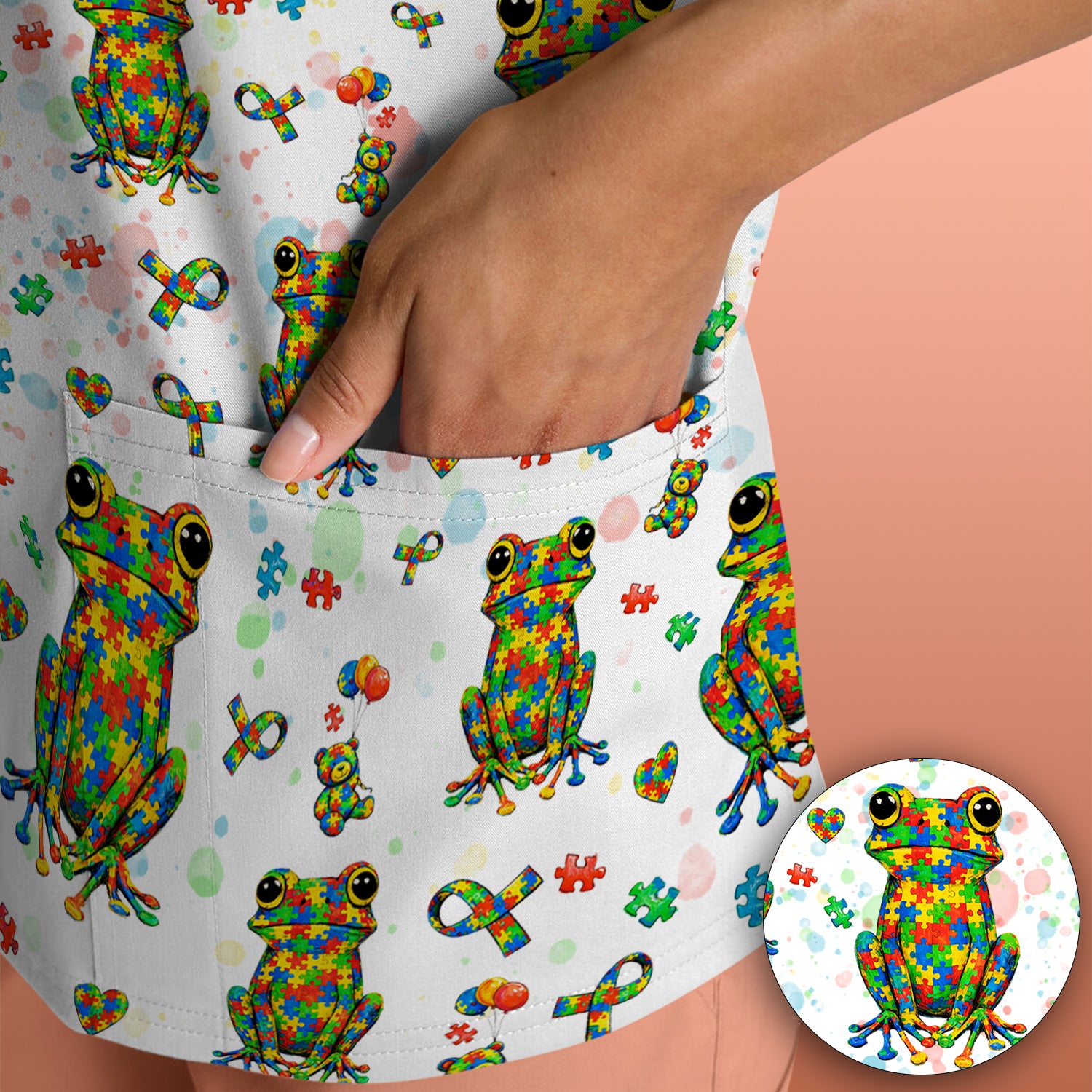 Colorful Autism Puzzle Frog Pattern Scrubs Top, Comfortable Scrubs for Nurses