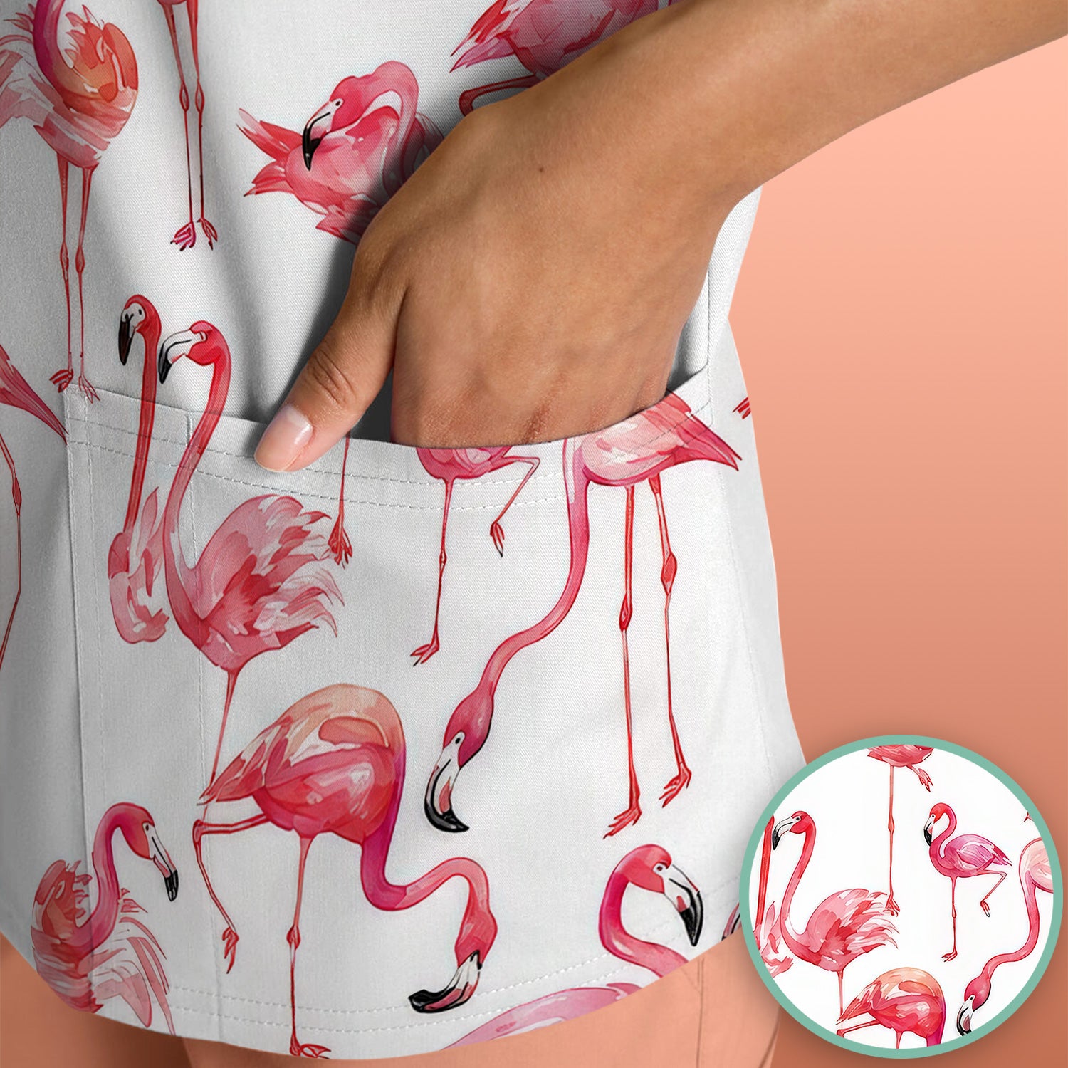 Pink Flamingo Tropical Bird Pattern Nurse Scrub Top, Comfortable Scrubs for Nurses