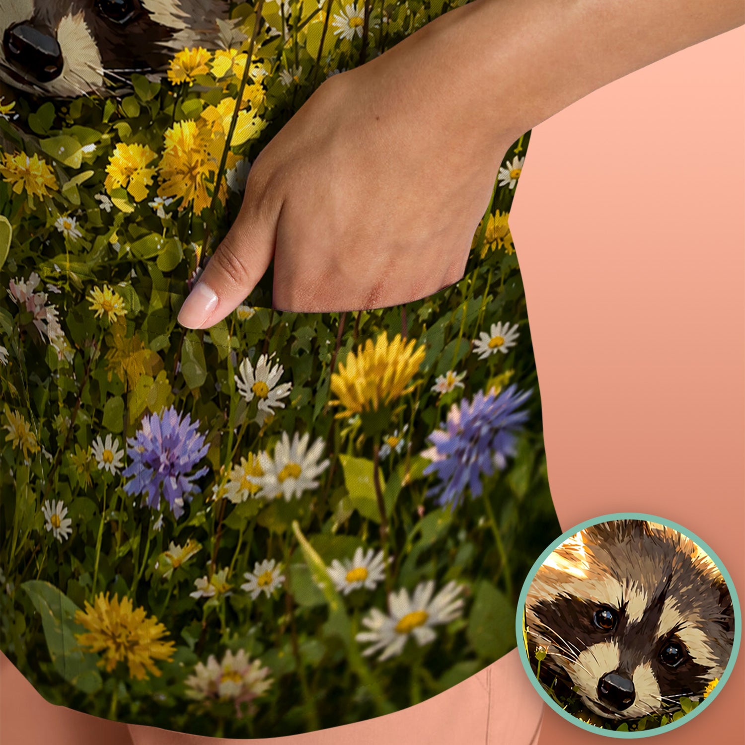Meadow Raccoon Wildflower Garden Pattern Scrub Top, Comfortable Scrubs for Nurses