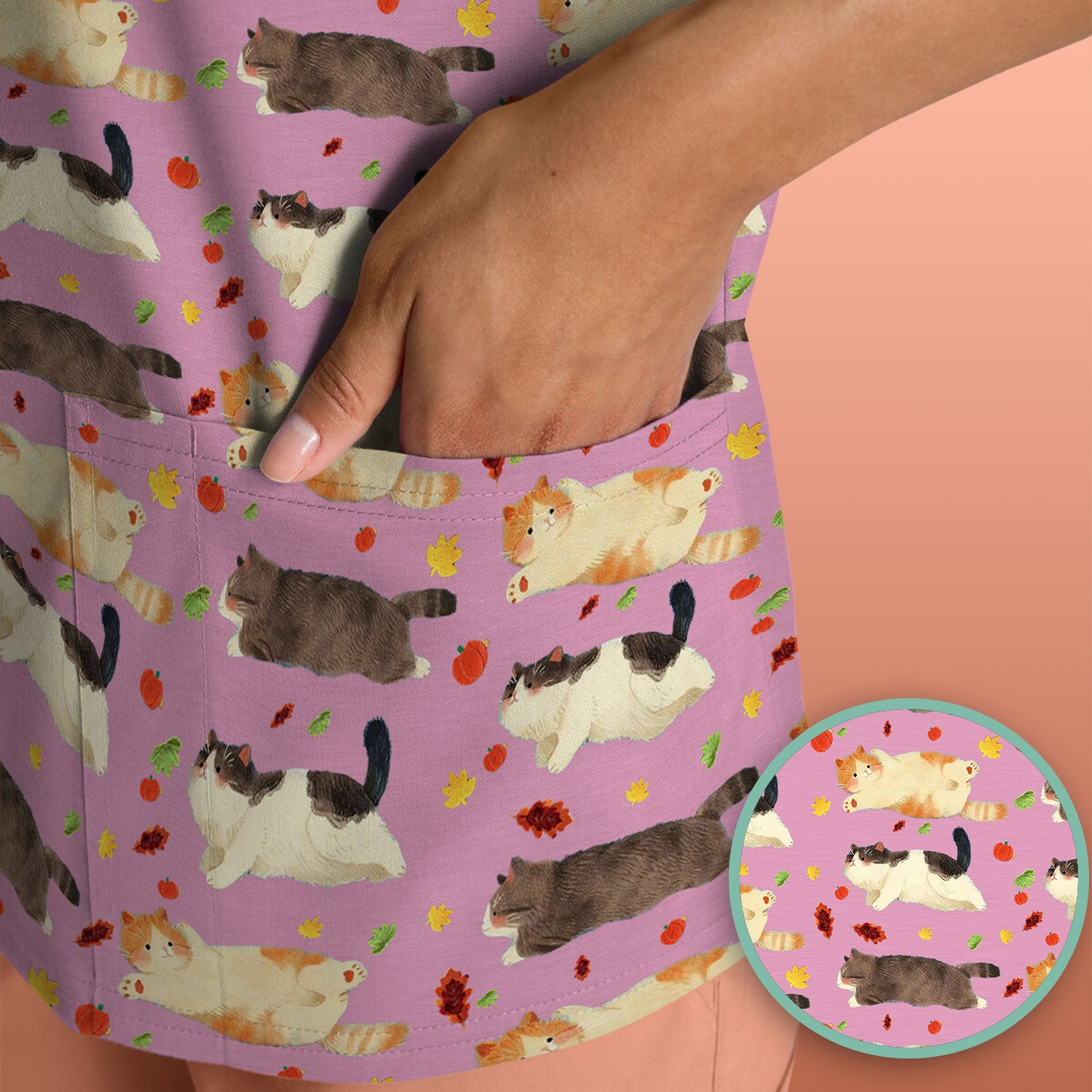 Chubby Cat Autumn Leaves Print Scrub Top, Breathable Fabrics Nursing Uniform