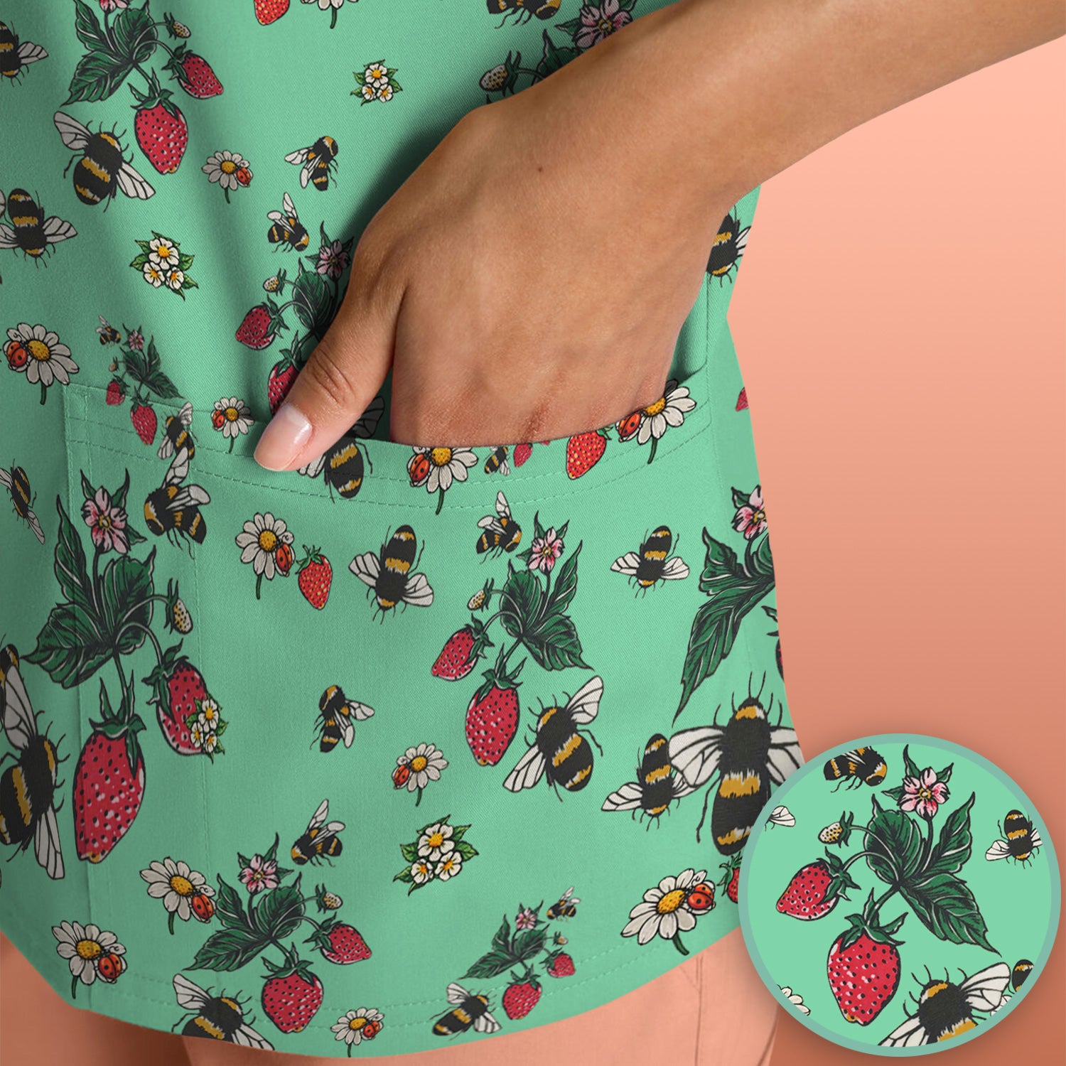 Cute Strawberry Bee Daisy Floral Pattern Scrub Top, Comfortable Scrubs for Nurses