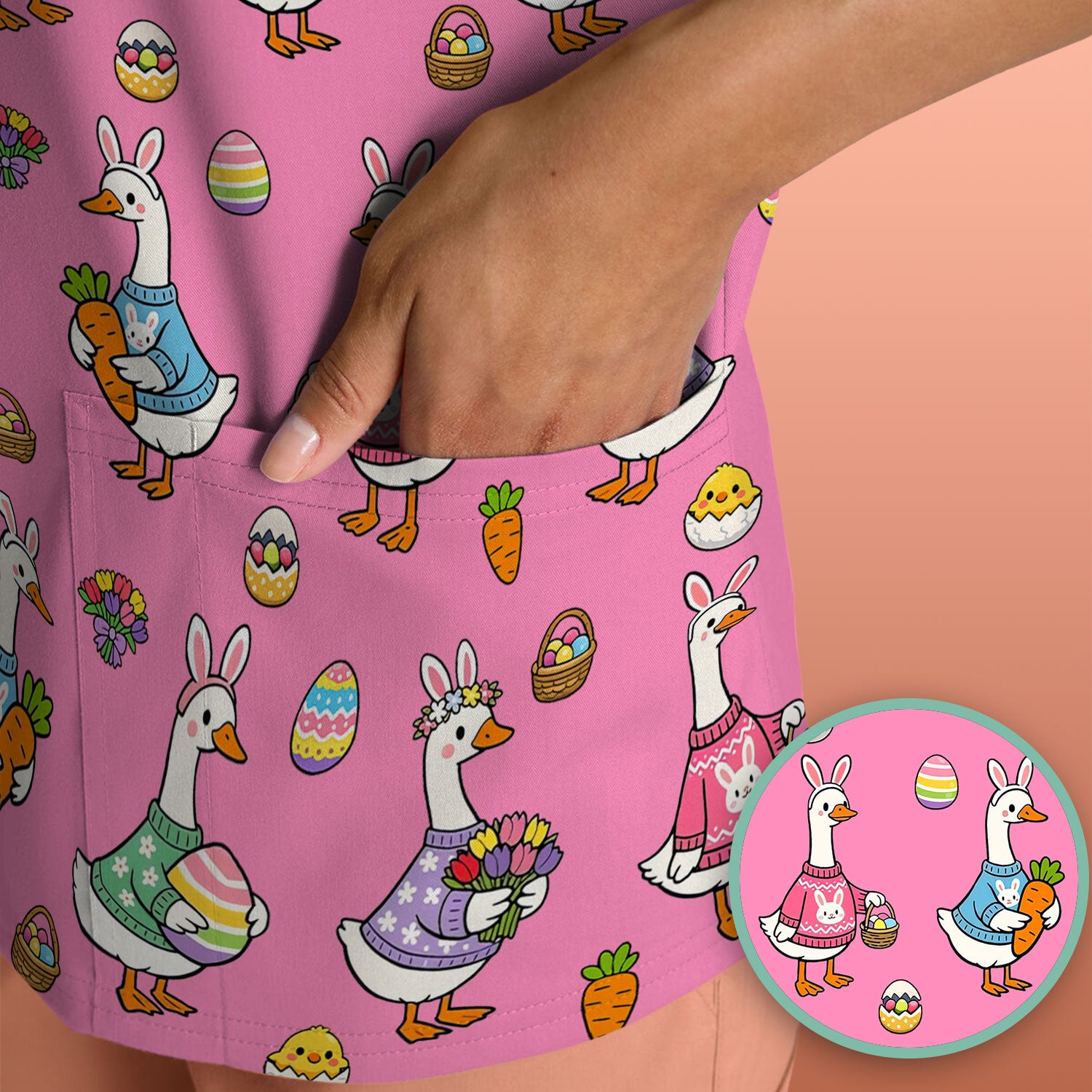 Cute Easter Goose Pattern Scrub Top, Breathable Fabrics Nursing Uniform