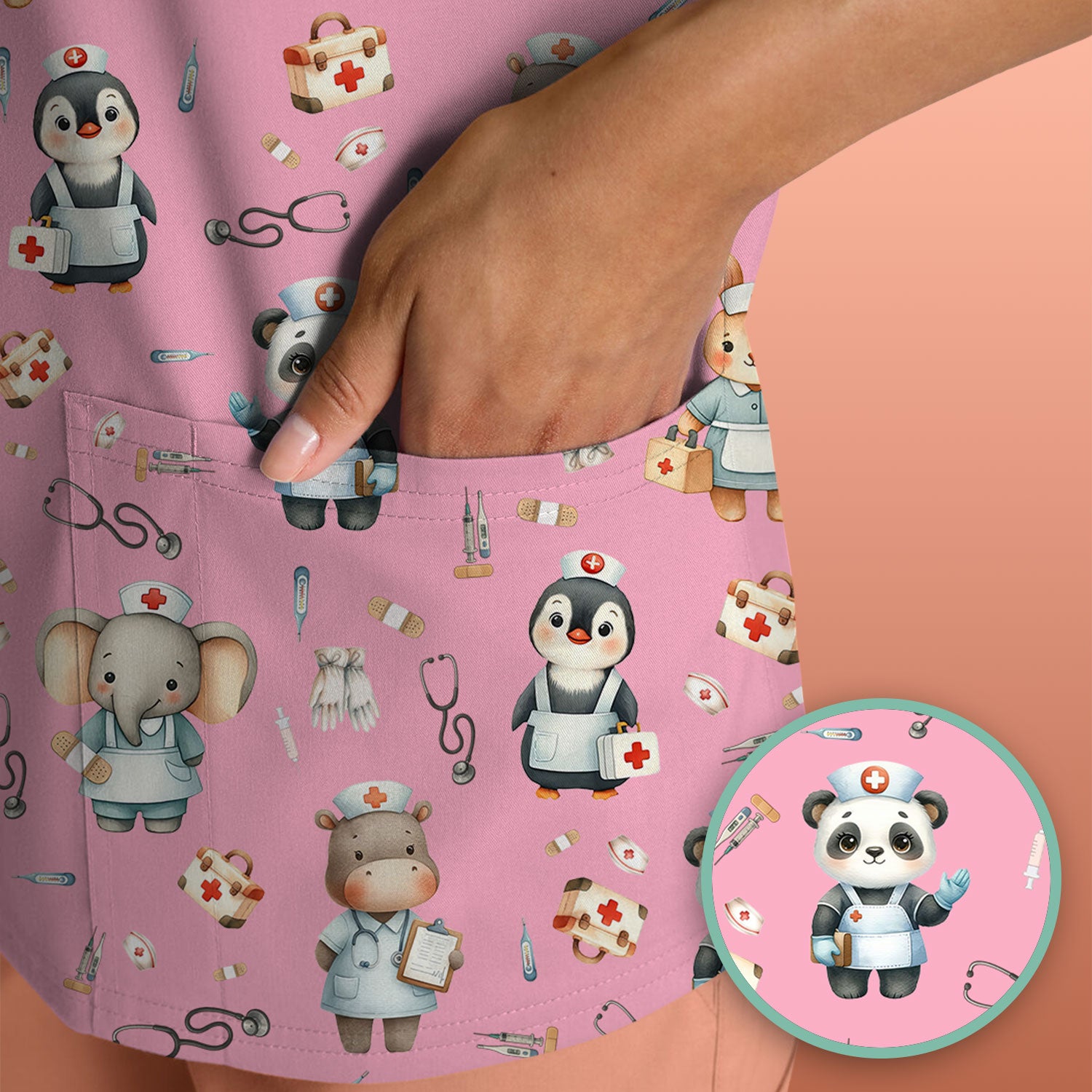 Cute Animal Scrub Top for Women - Panda Bunny Penguin Print Med Uniform - Comfortable Pastel Scrubs for Nurses