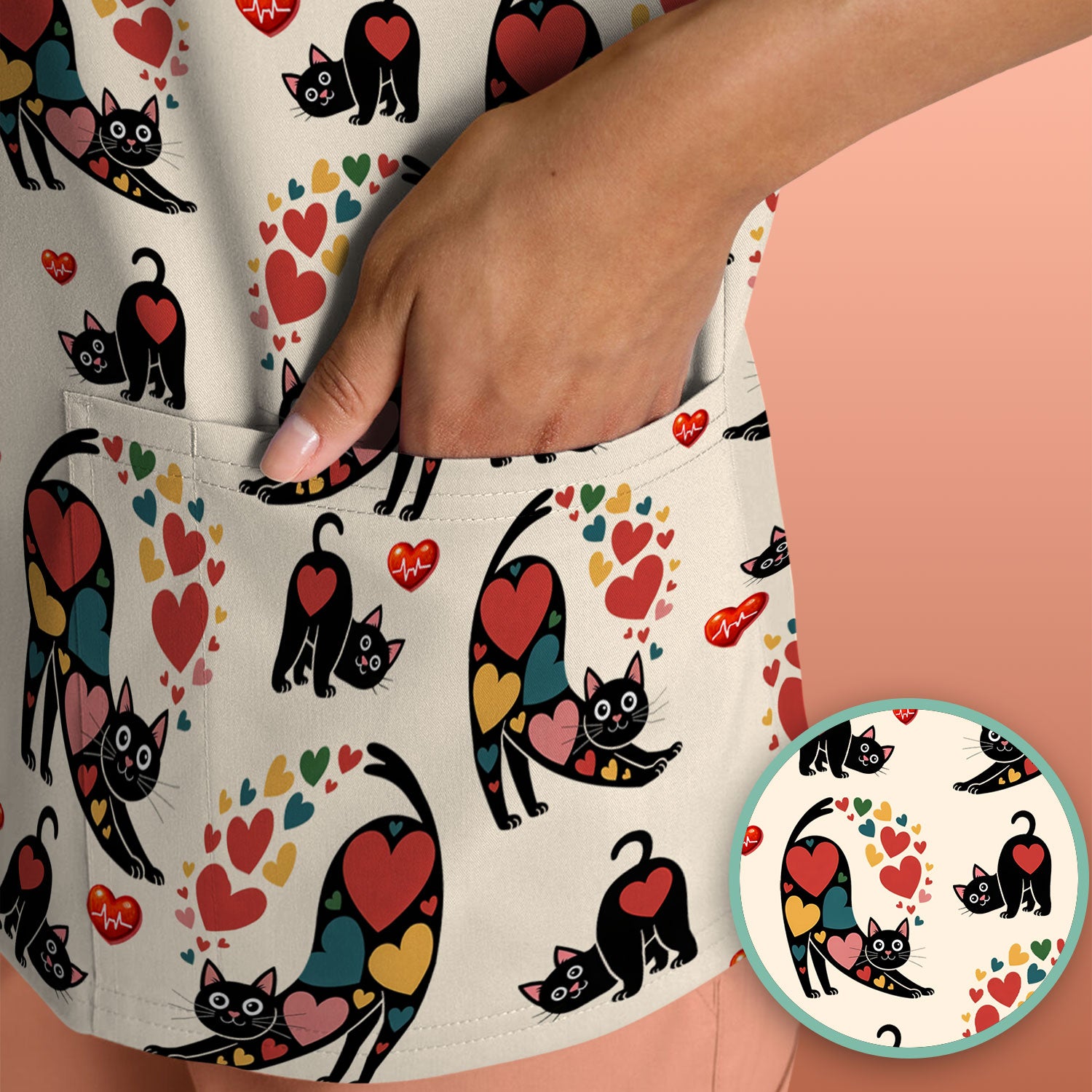 Playful Cat Valentine Heart Print Nurse Scrub Top, Comfortable Scrubs for Nurses