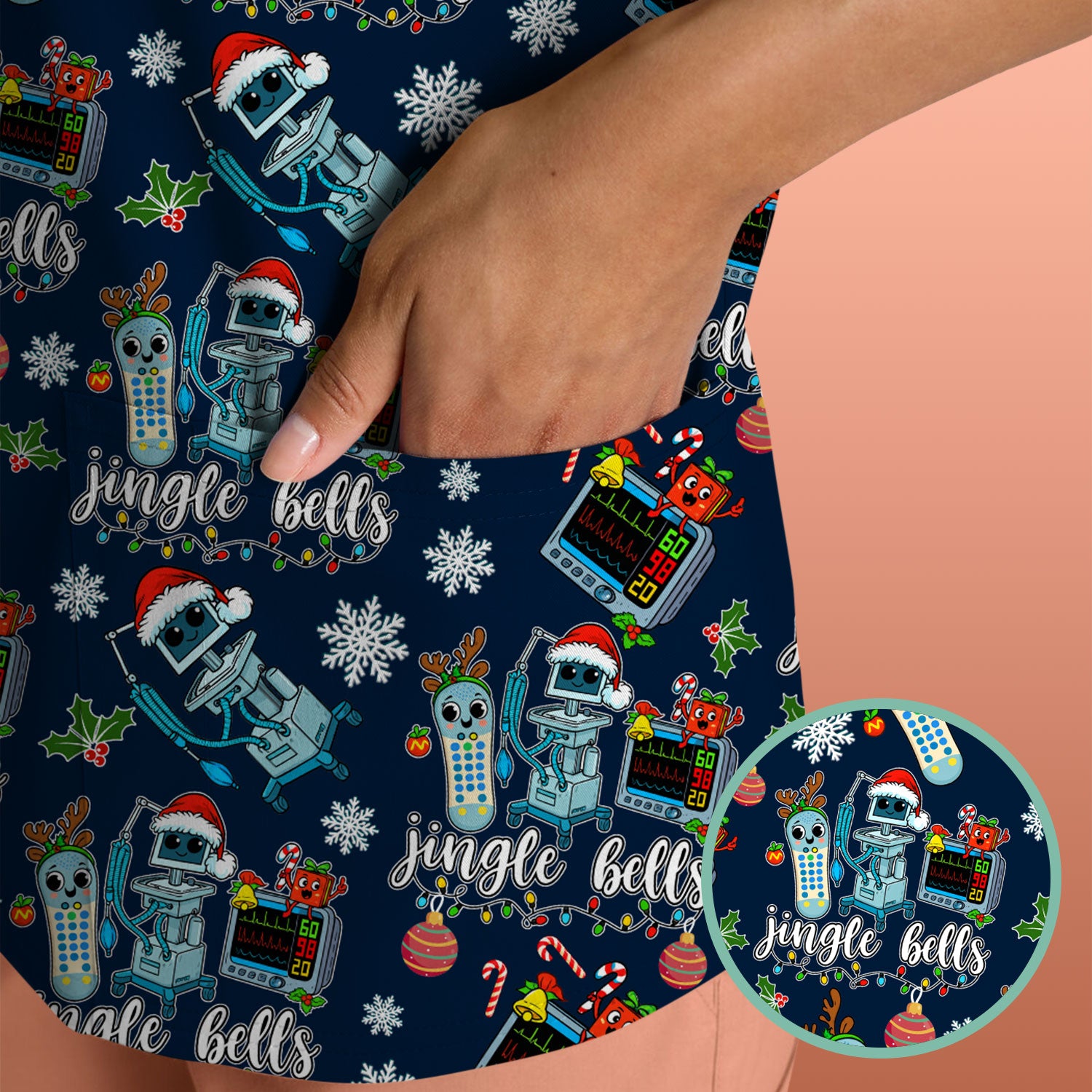 Jingle Bells Christmas Scrub Top - Funny Xmas Scrubs for Nurses - Breathable Fabrics Nursing Uniform for RN CNA LPN