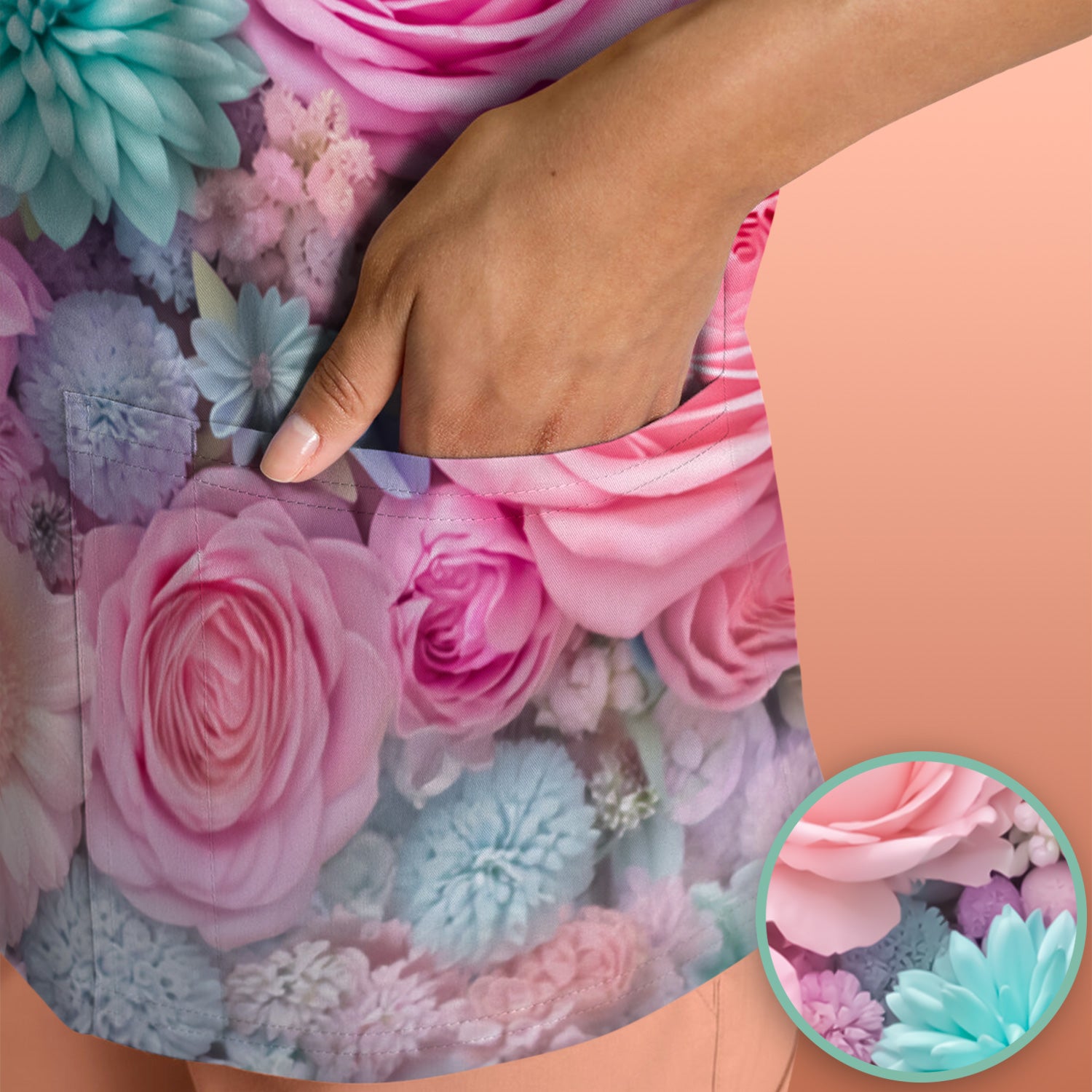 Pastel Floral Dream Scrub Top, Soft Pink Rose & Candy Color Bloom Nursing Uniform