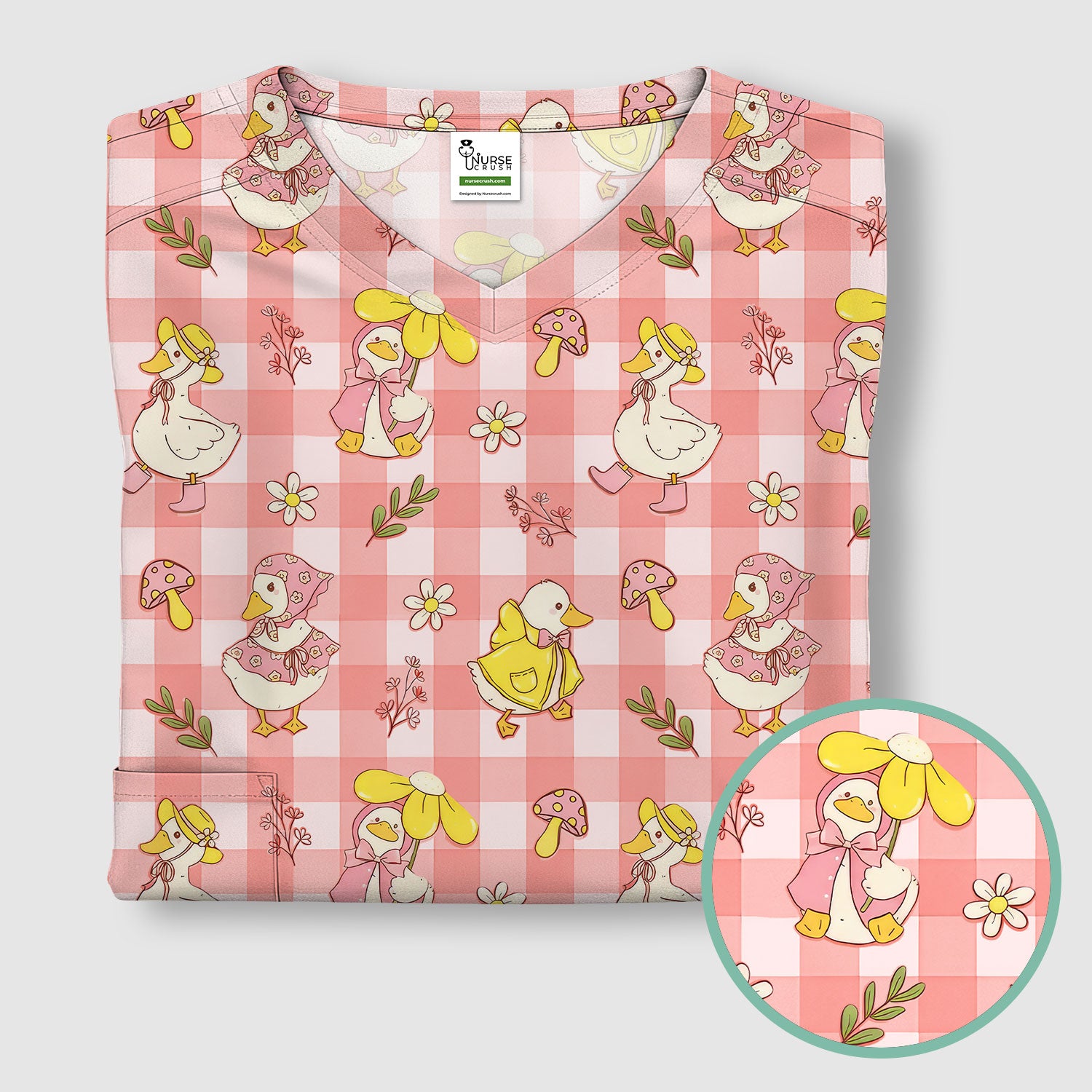 Cute Duck Outfit Gingham Pattern Scrub Top, Comfortable Scrubs for Nurses
