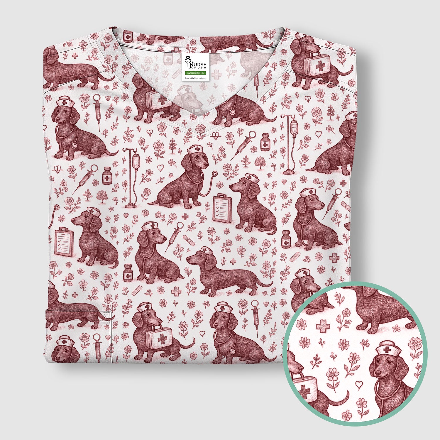 Dachshund Nurse Scrub Top - Cute Dog Pattern Scrubs for Women - Funny Medical Shirt with Vintage Line Art Design
