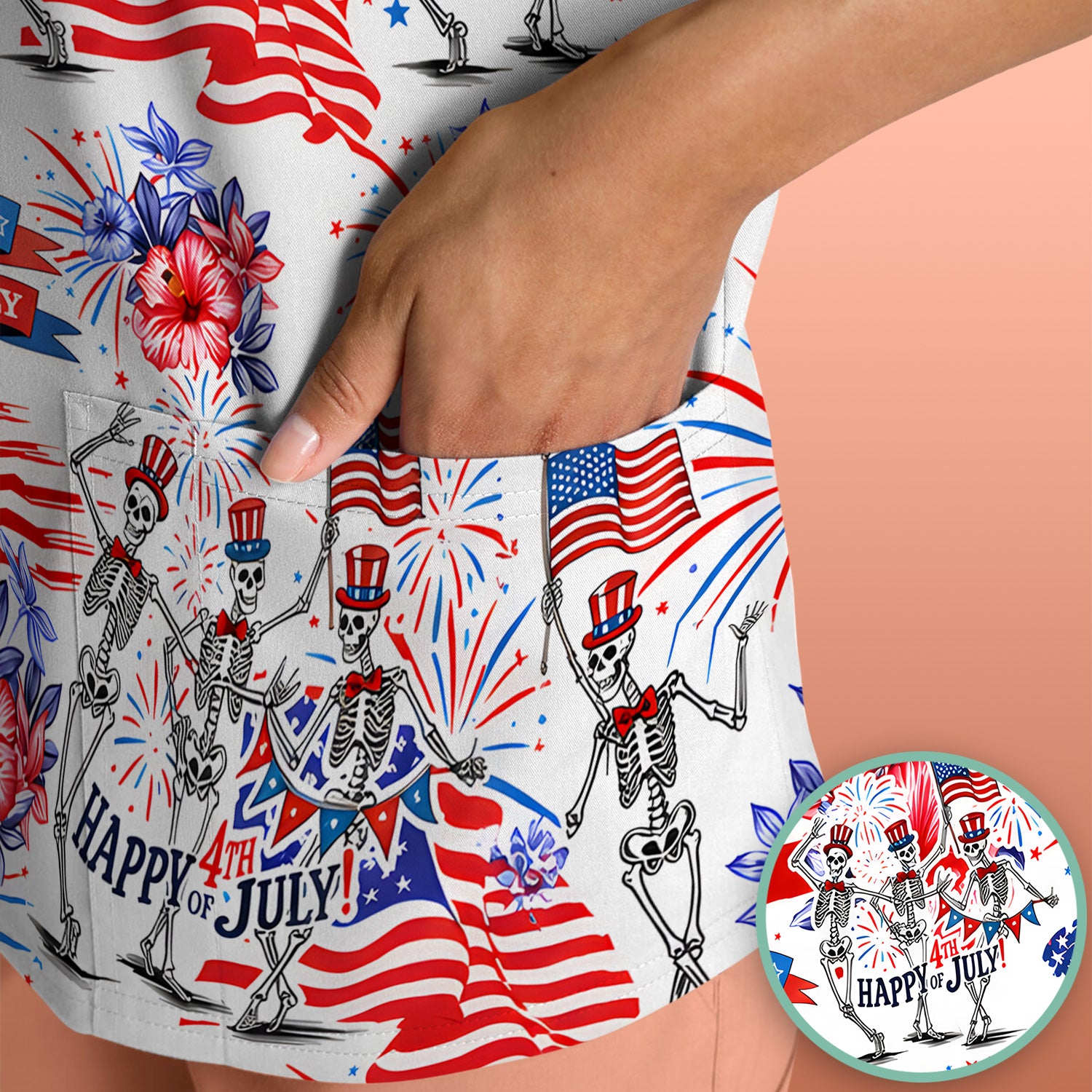 Funny 4th Of July Skeleton Nurse for RN & CNA, Patriotic Fireworks Medical Uniform Scrub Top, Comfortable Scrubs for Nurses