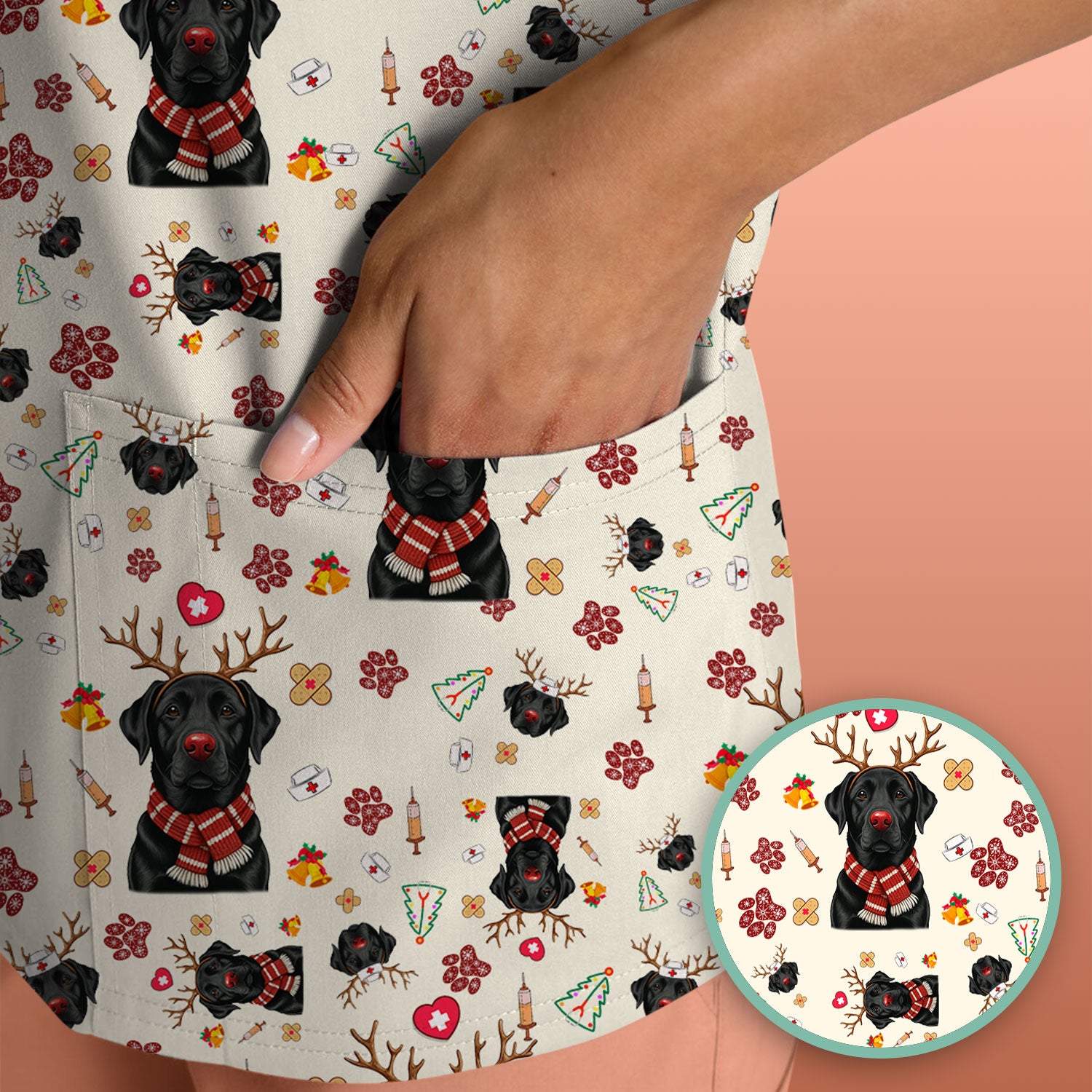 Black Lab Christmas Scrub Top - Funny Labrador Nurse Shirt - Cute Holiday Medical Uniform for Women RN LPN CNA Gift