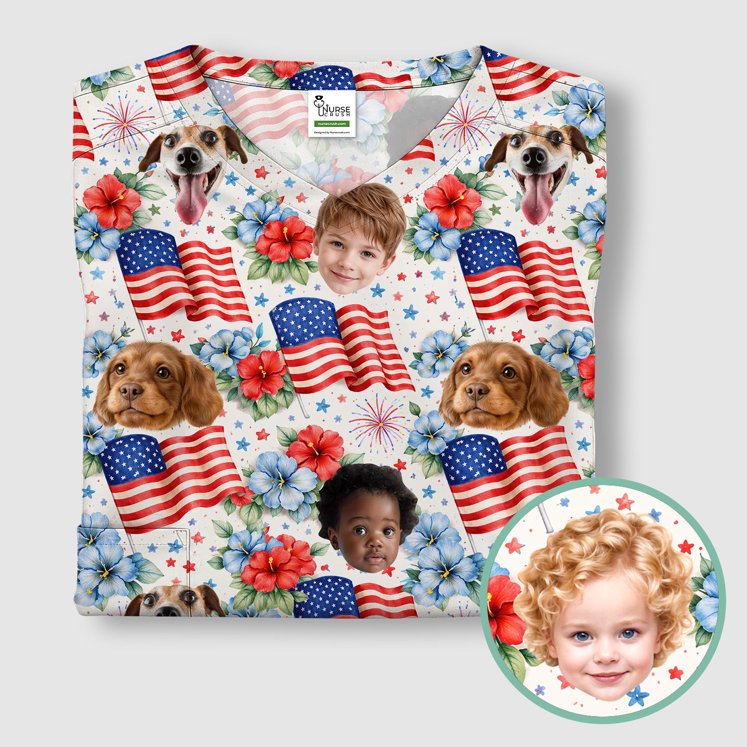 Custom Photo Patriotic Kids & Pet Faces Flag Nurse Scrub Top, Breathable Fabrics Nursing Uniform