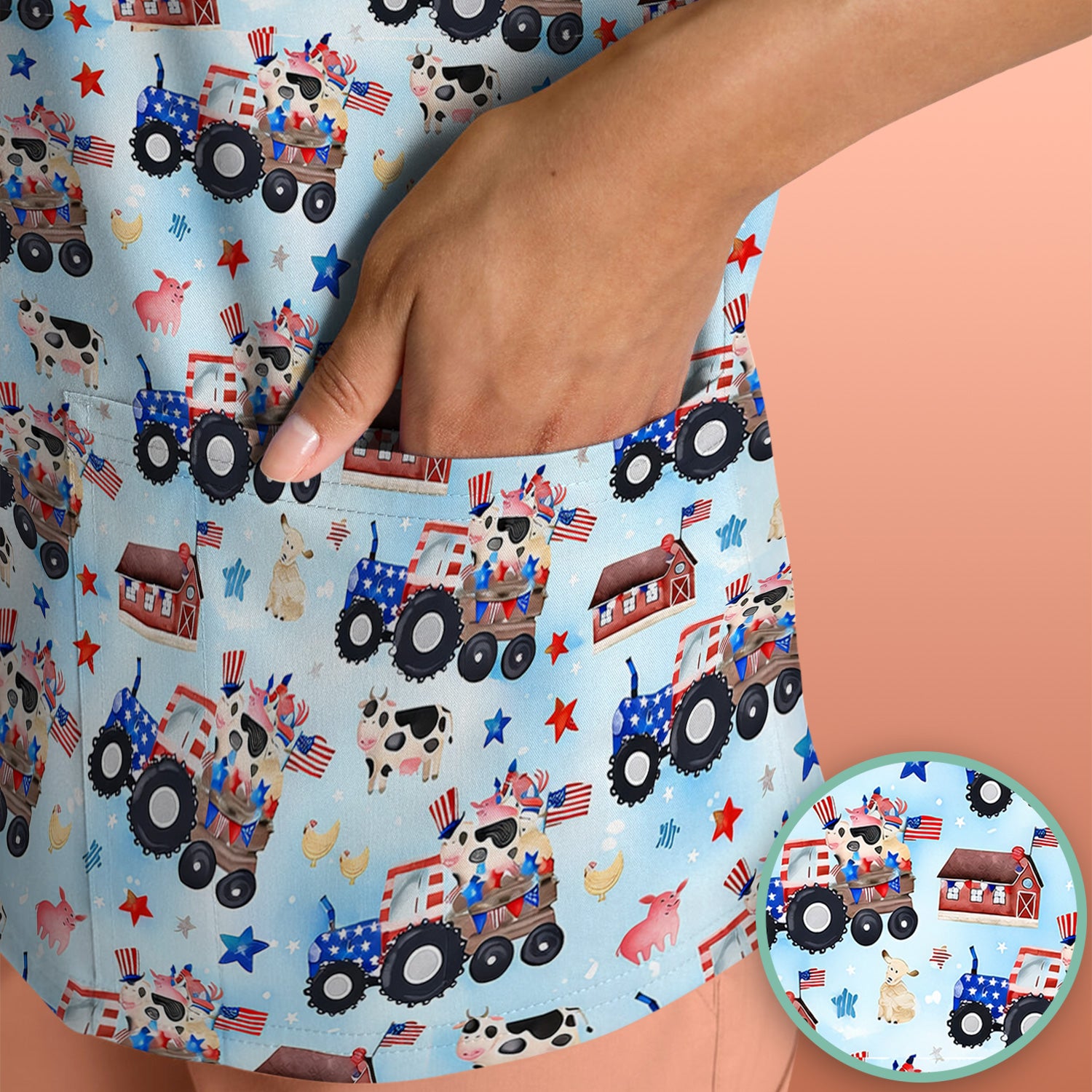 Patriotic Cow Tractor Farm Stars Pattern Scrub Top, Comfortable Scrubs for Nurses
