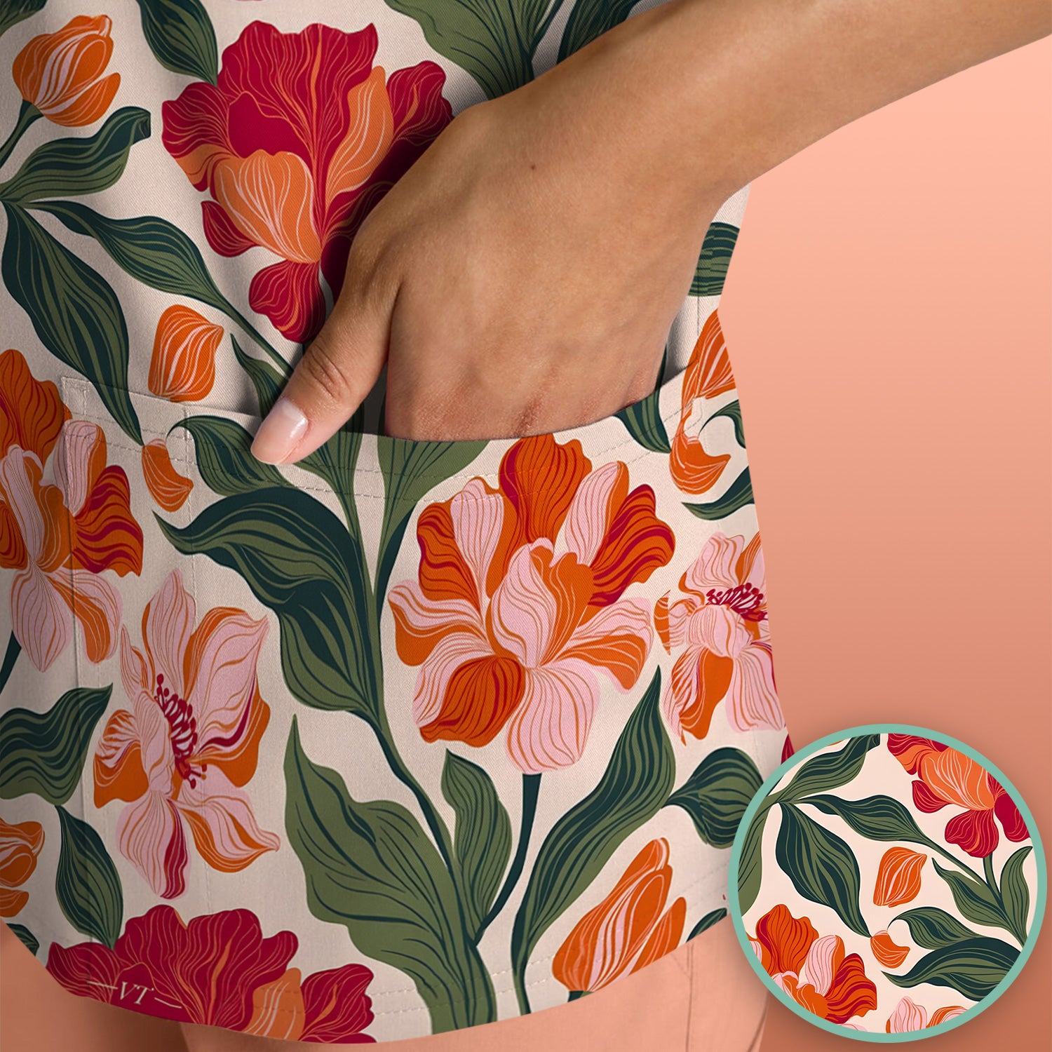 Pretty Tropical Floral Print Scrub Top, Comfortable Scrubs for Nurses