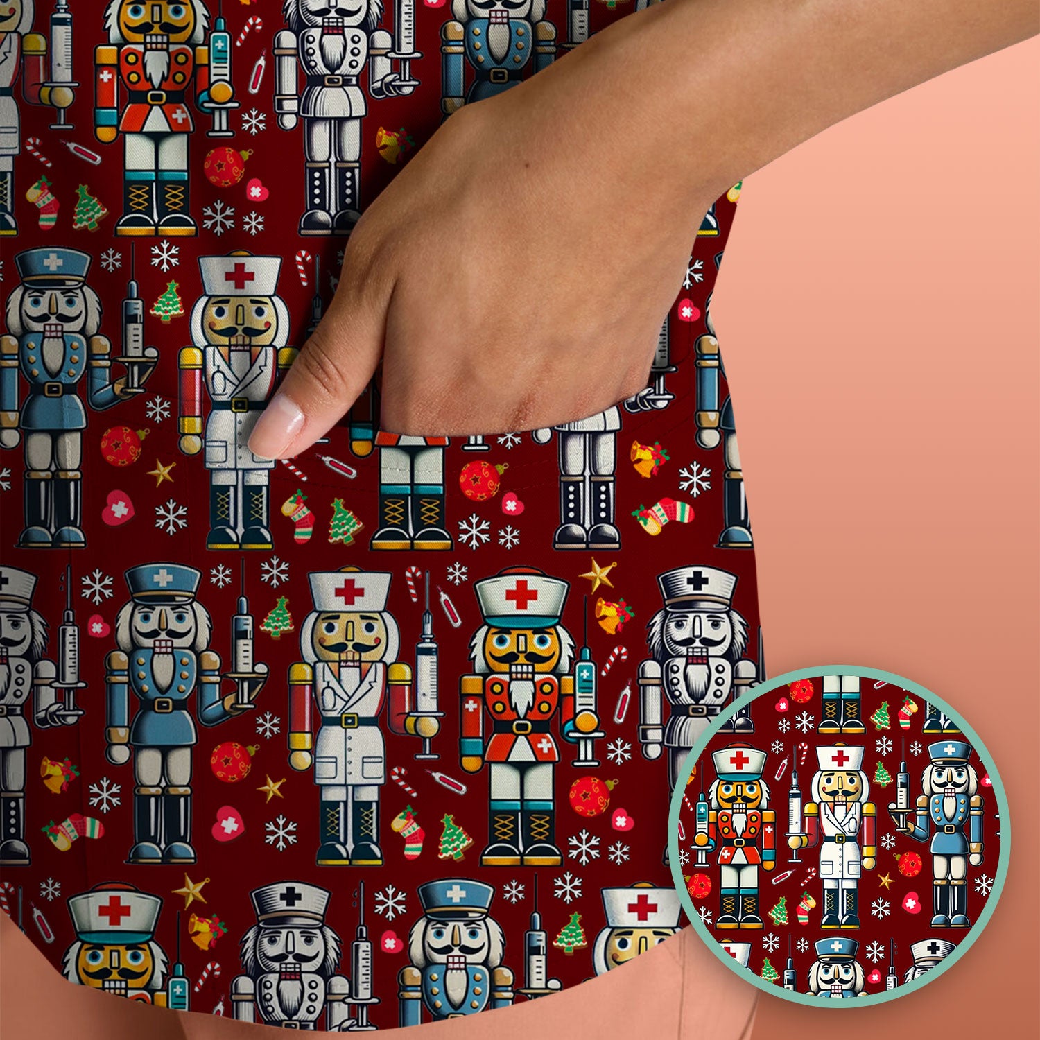 Funny Nutcracker Christmas Scrub Top – Cute Holiday Nurse Pattern Shirt – Festive Medical Uniform for RN, LPN, CNA, and Healthcare Workers