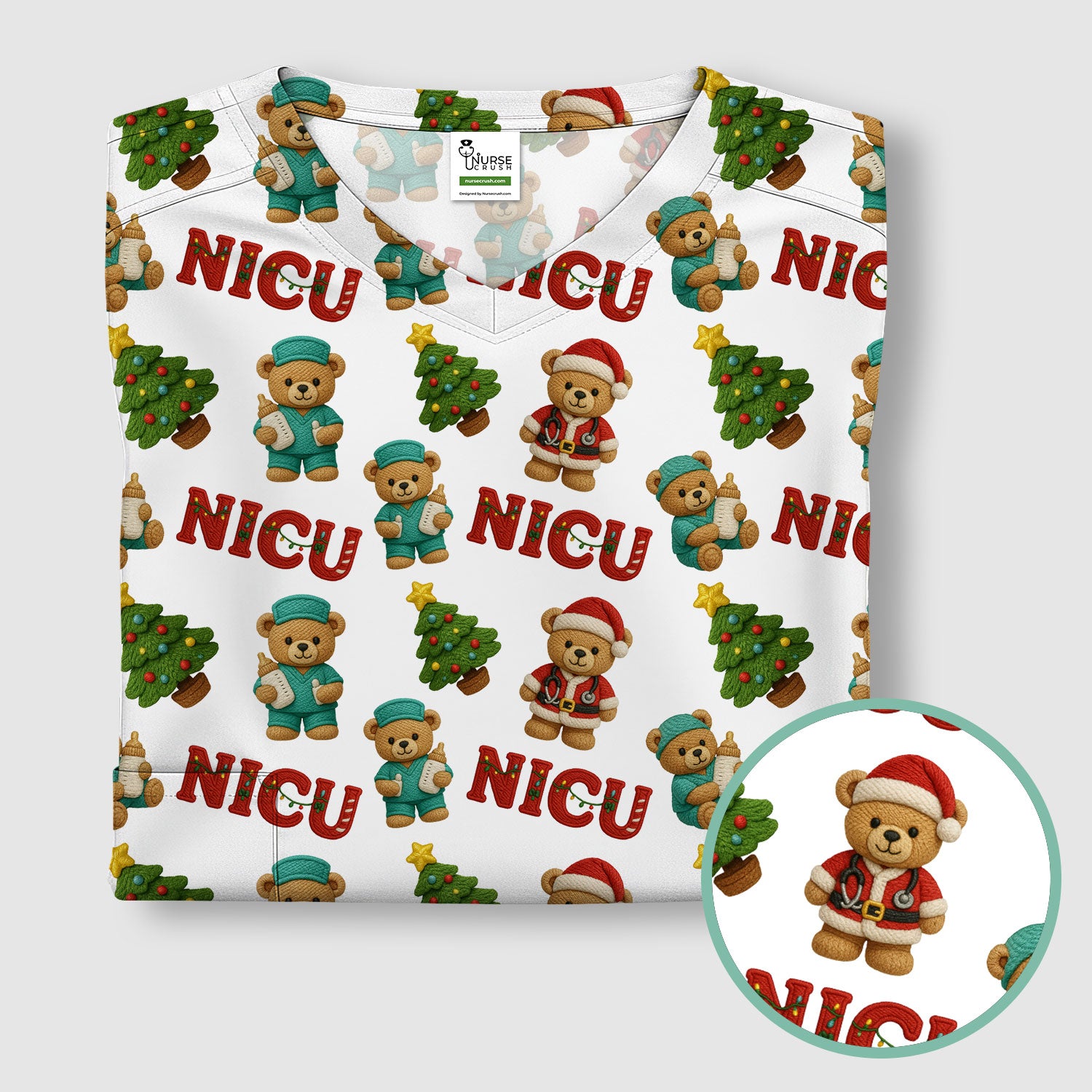 Festive Christmas NICU Nurse Teddy Bear Pattern, Breathable Fabrics Nursing Uniform