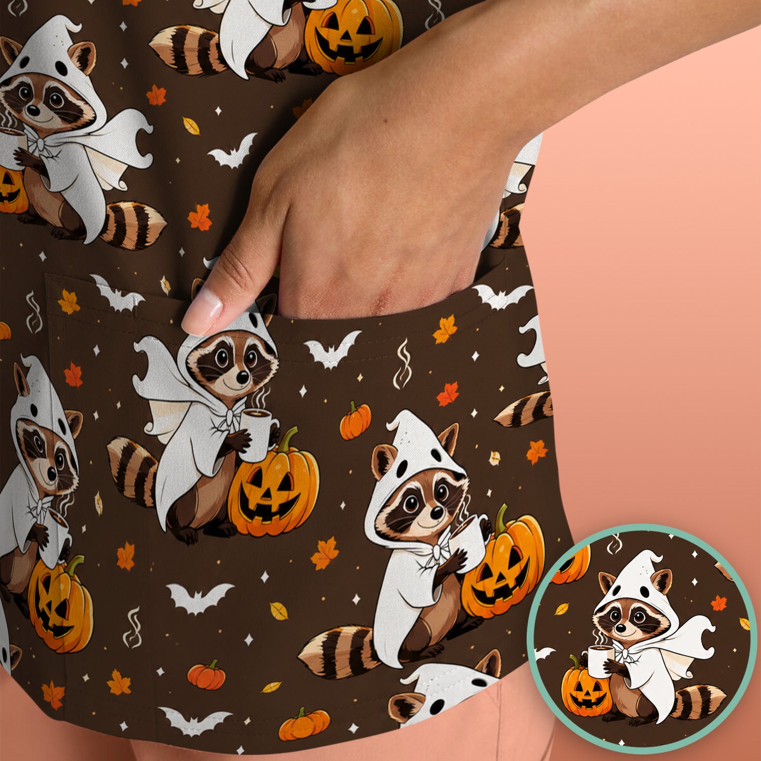 Halloween Ghost Raccoon Pumpkin Scrub Top, Comfortable Scrubs for Nurses