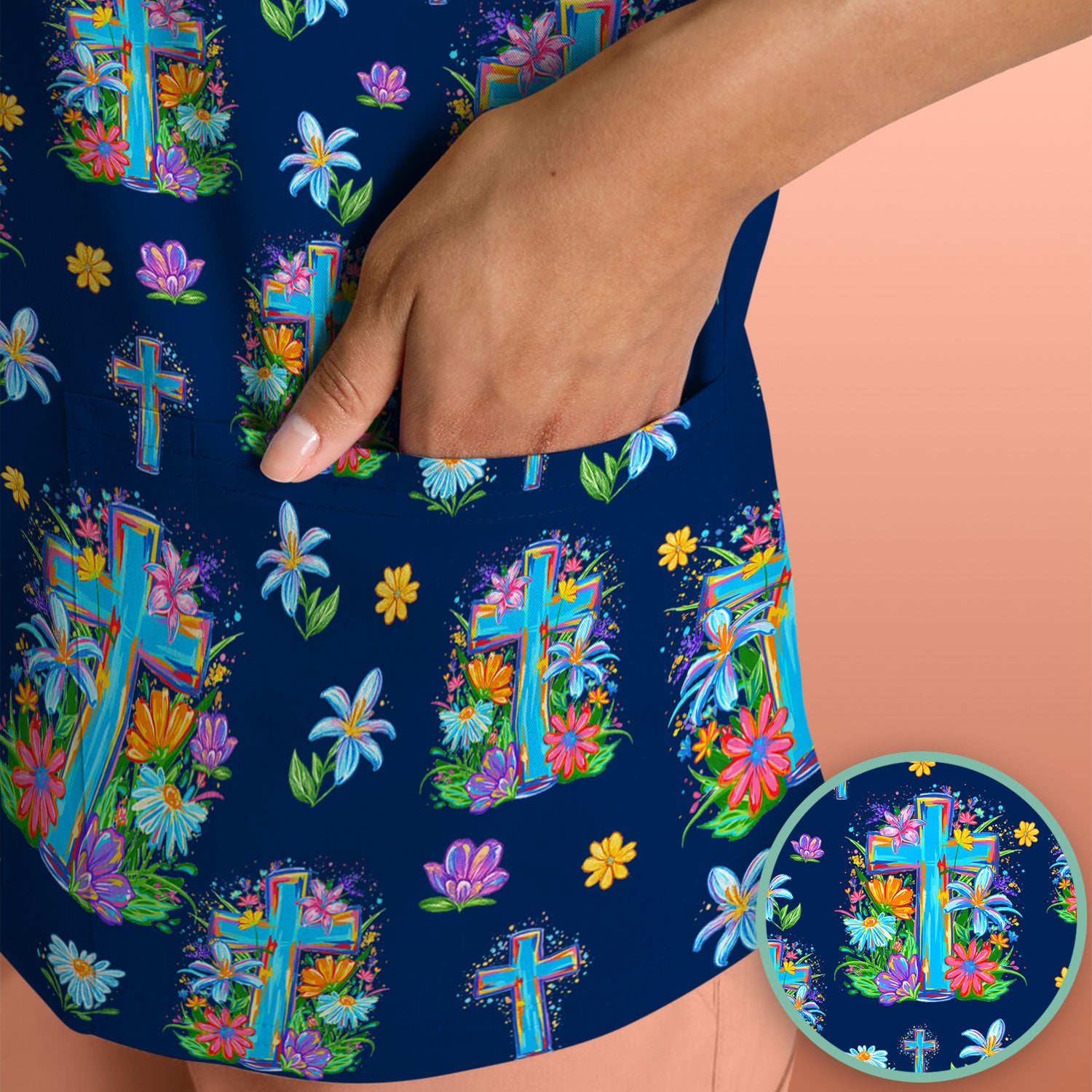 Christian Floral Cross Spring Pattern Scrub Top, Comfortable Scrubs for Nurses