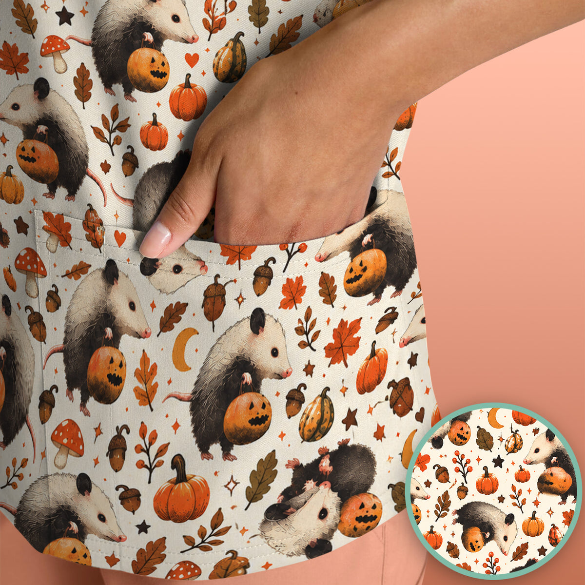 Halloween Opossum Pumpkin Patch Pattern Scrub Top, Comfortable Scrubs for Nurses