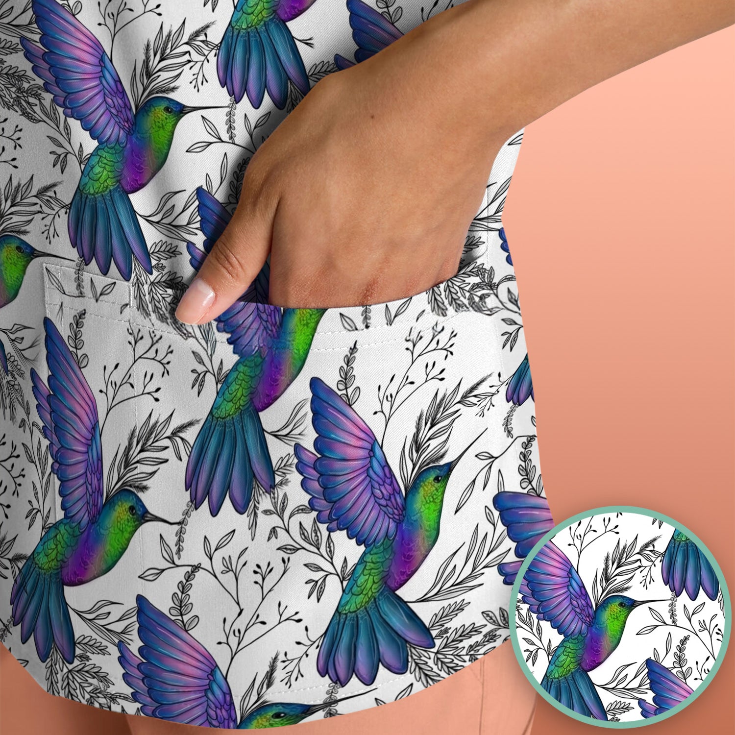 Colorful Hummingbird Flying Botanical Pattern Scrub Top, Comfortable Scrubs for Nurses