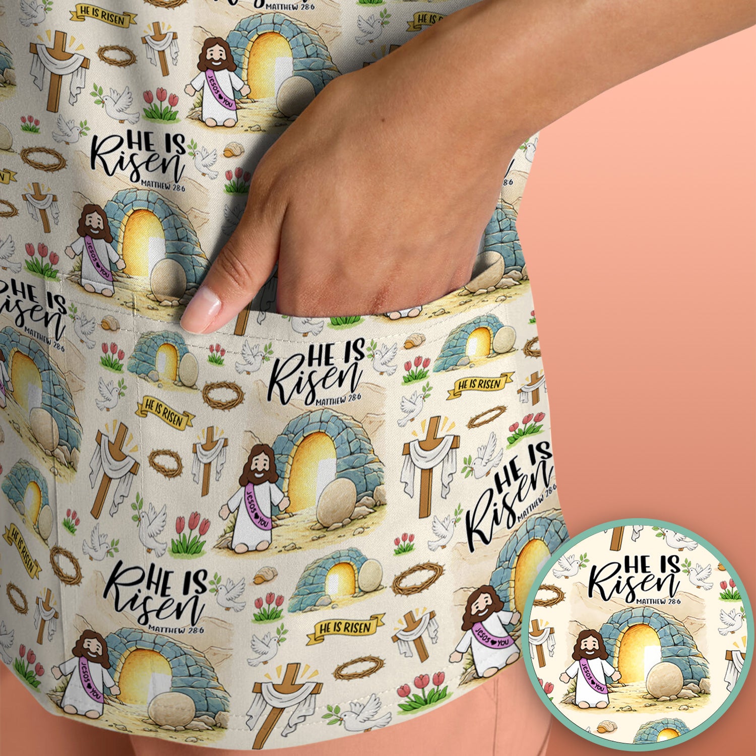 Christian Easter He Is Risen Resurrection Pattern Scrub Top, Breathable Healthcare Uniform Top