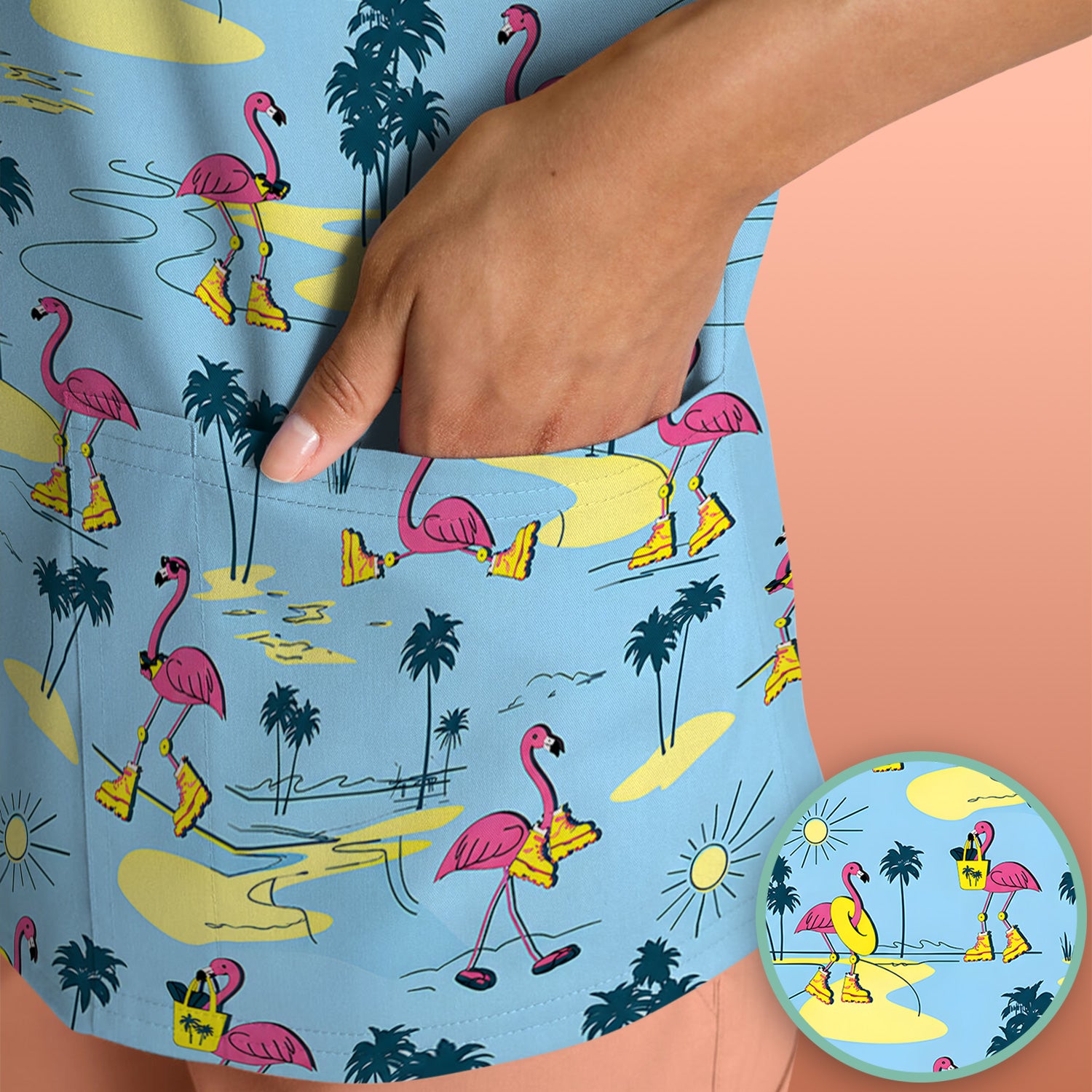 Retro Flamingo Nurse Scrub Top for RN, CNA, Healthcare Workers, Tropical Beach Uniform
