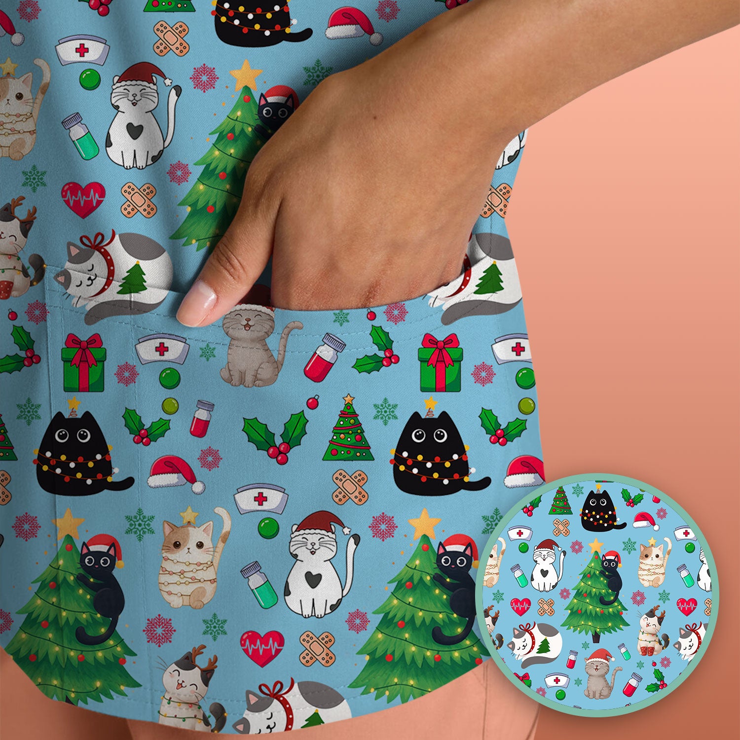 Christmas Cat Scrub Top, Xmas Pet Pattern Scrub Shirt, Breathable Fabrics Nursing Uniform