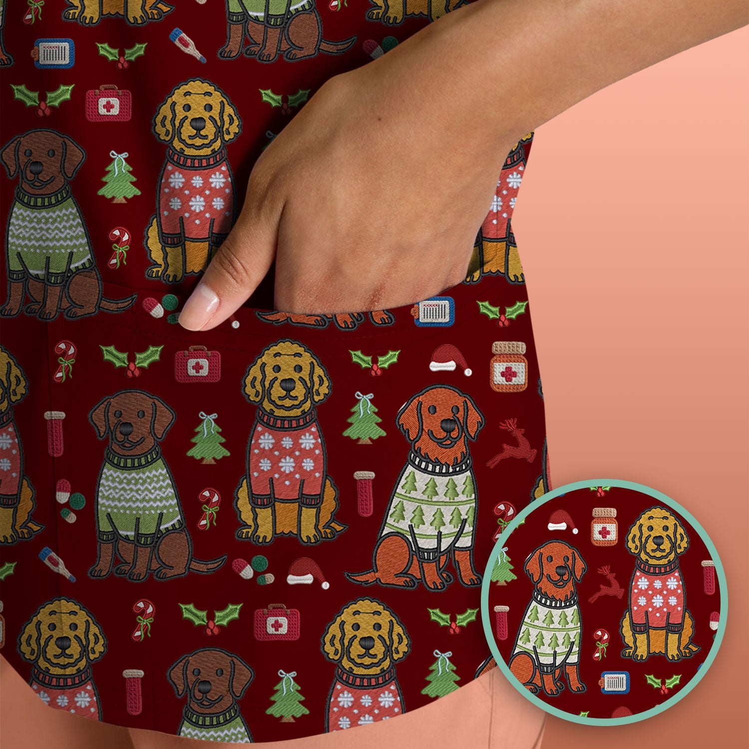 Golden Retriever Christmas Scrub Top, Cute Holiday Dog Nurse Pattern Shirt, Breathable Fabrics Nursing Uniform