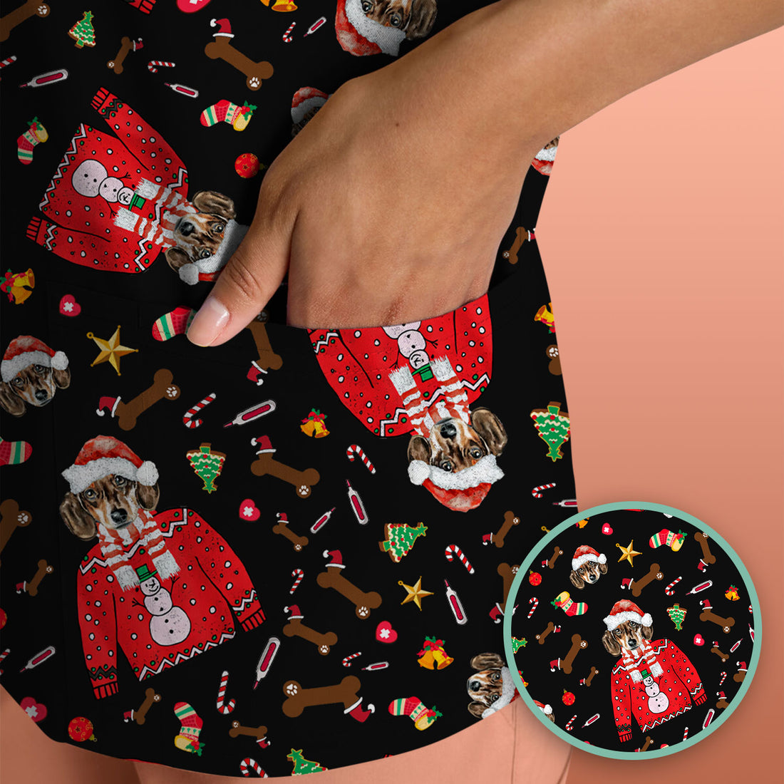 Funny Dog Christmas Scrub Top – Cute Puppy in Santa Outfit Pattern – Festive Holiday Medical Uniform For Nurses And Pet Lovers