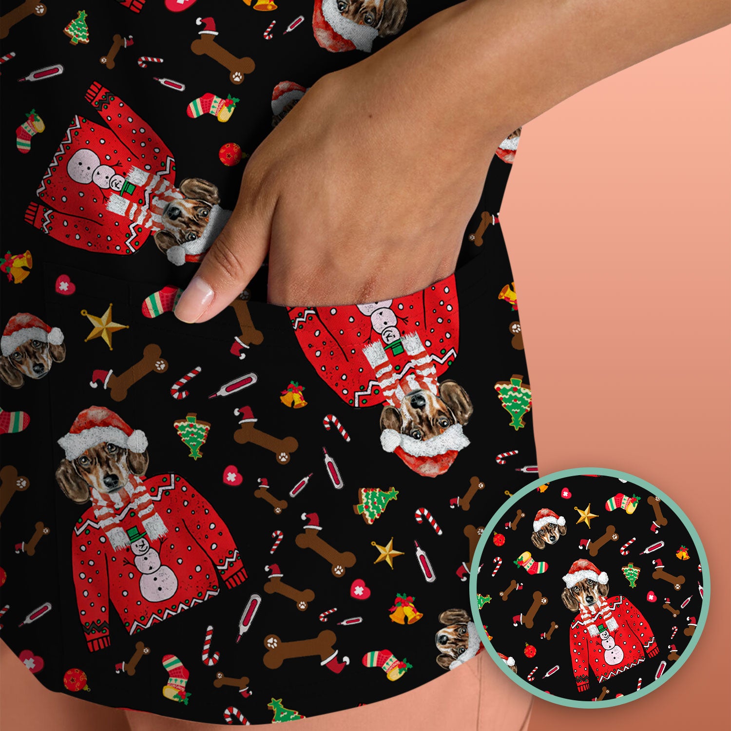 Funny Dog Christmas Scrub Top – Cute Puppy in Santa Outfit Pattern – Festive Holiday Medical Uniform For Nurses And Pet Lovers