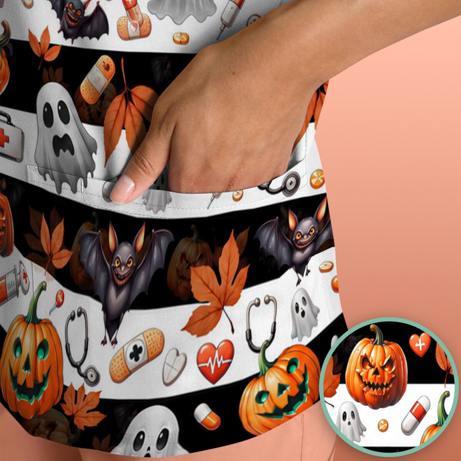 Halloween Ghost And Medical Icons Scrub Top, Comfortable Scrubs for Nurses