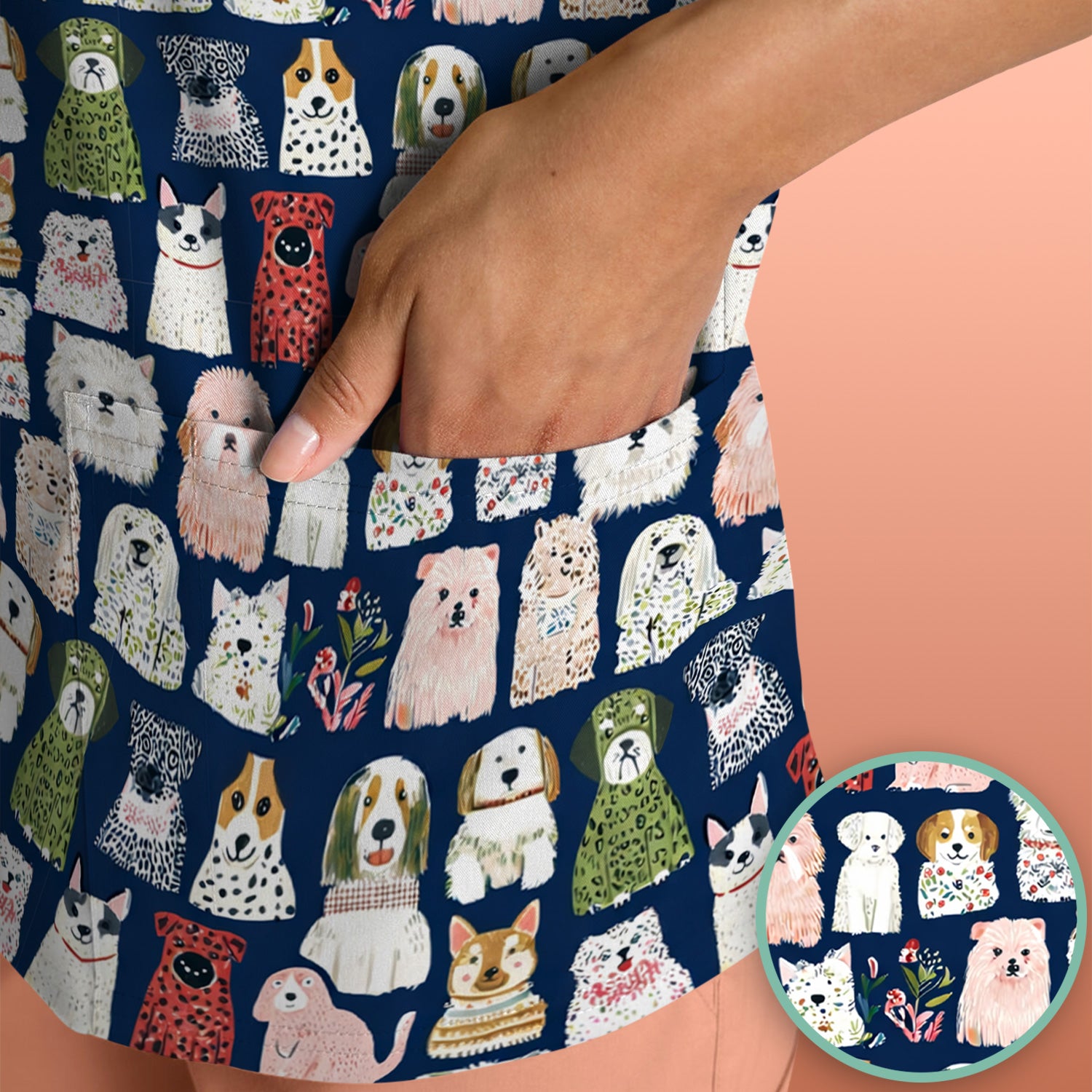 Cute Cartoon Dog Breeds Pattern Scrub Top, Comfortable Scrubs for Nurses
