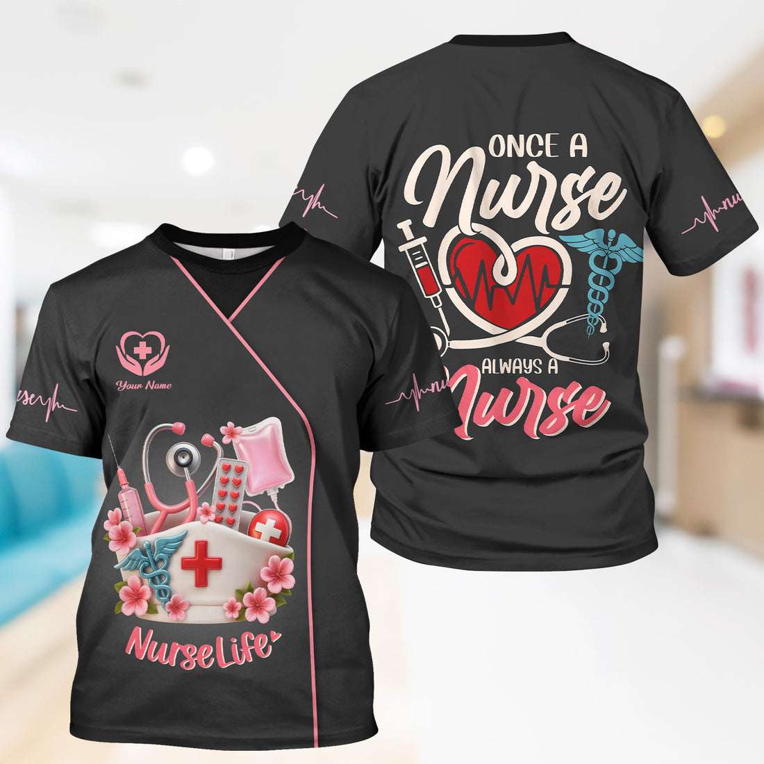 Personalized Nurse Life Shirt - Cute Pink Scrub Top Design with Medical Tools - Gift for RN LPN CNA Women