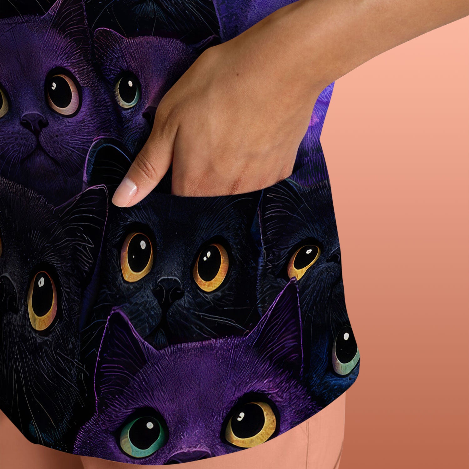 Cute Cat Eyes Pattern Scrub Top for Nurses, Breathable Fabrics Nursing Uniform