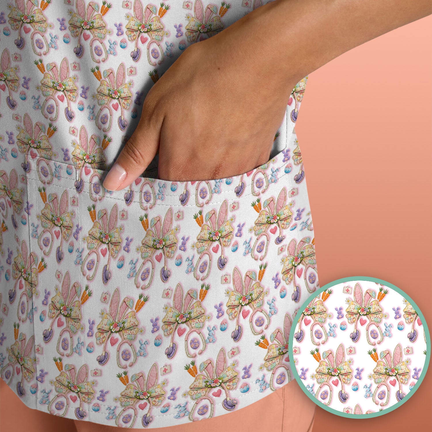 Easter Bunny Stethoscope Pastel Print Scrub Top, Comfortable Scrubs for Nurses