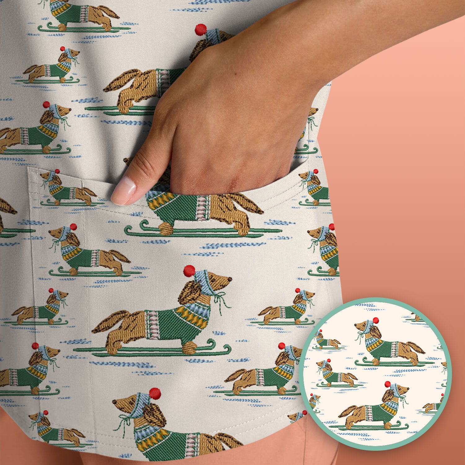 Dachshund Nurse Scrub Top, Wiener Dog Winter Pattern Shirt, Breathable Fabrics Nursing Uniform